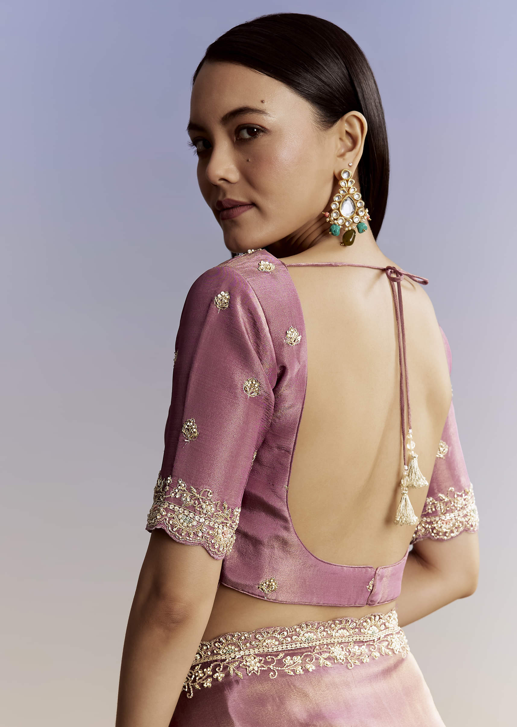 Purple Tissue Saree With Cutdana Sequins And Resham Knot Work - Image 8