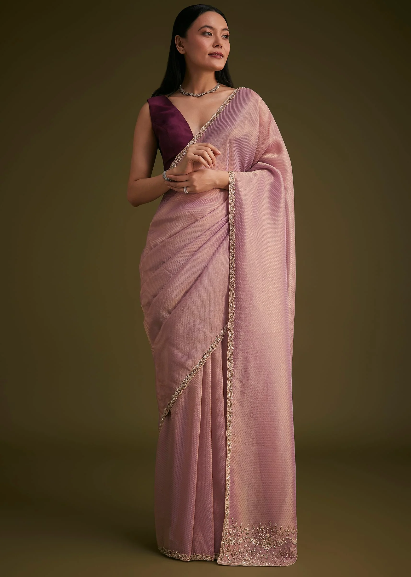 Purple Tissue Sequins Saree With Contrast Blouse - Image 2