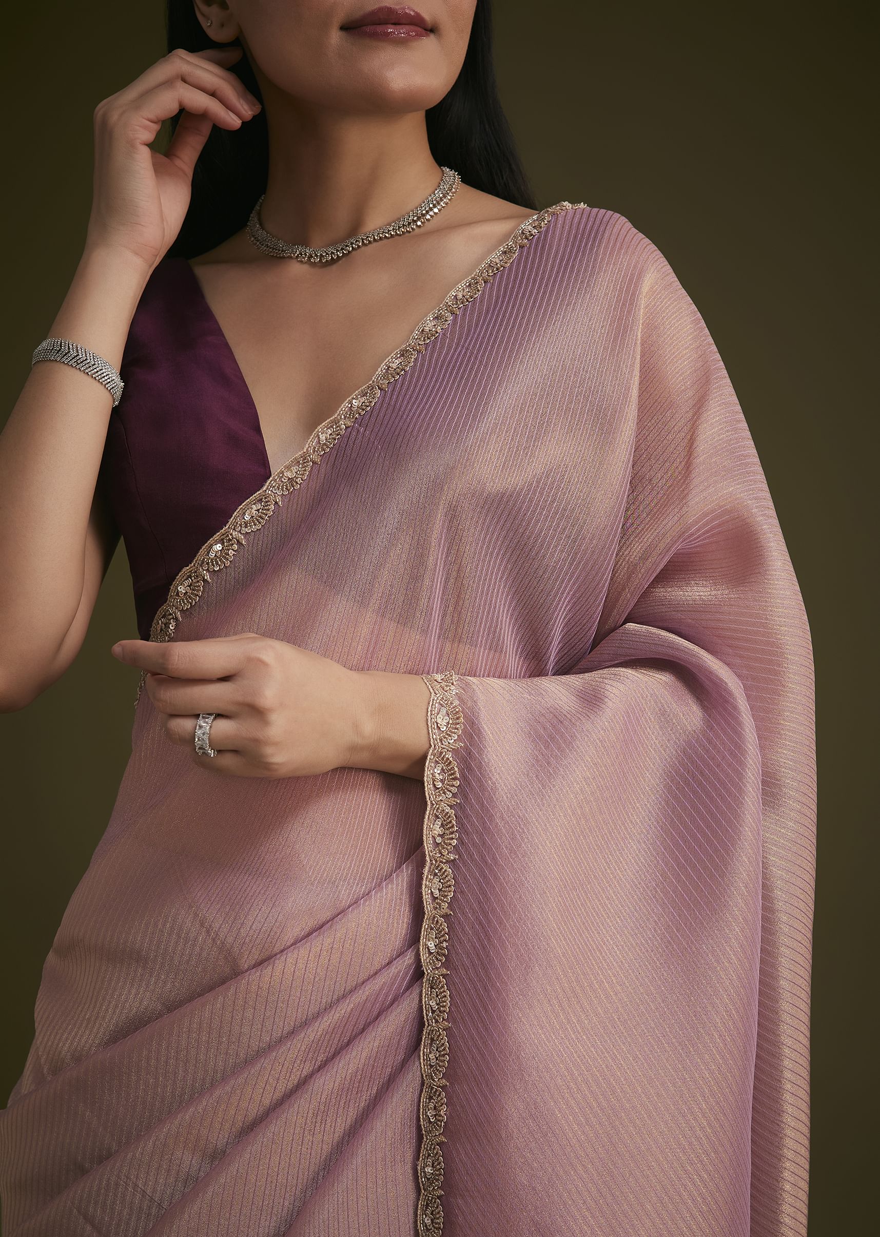 Purple Tissue Sequins Saree With Contrast Blouse - Image 3
