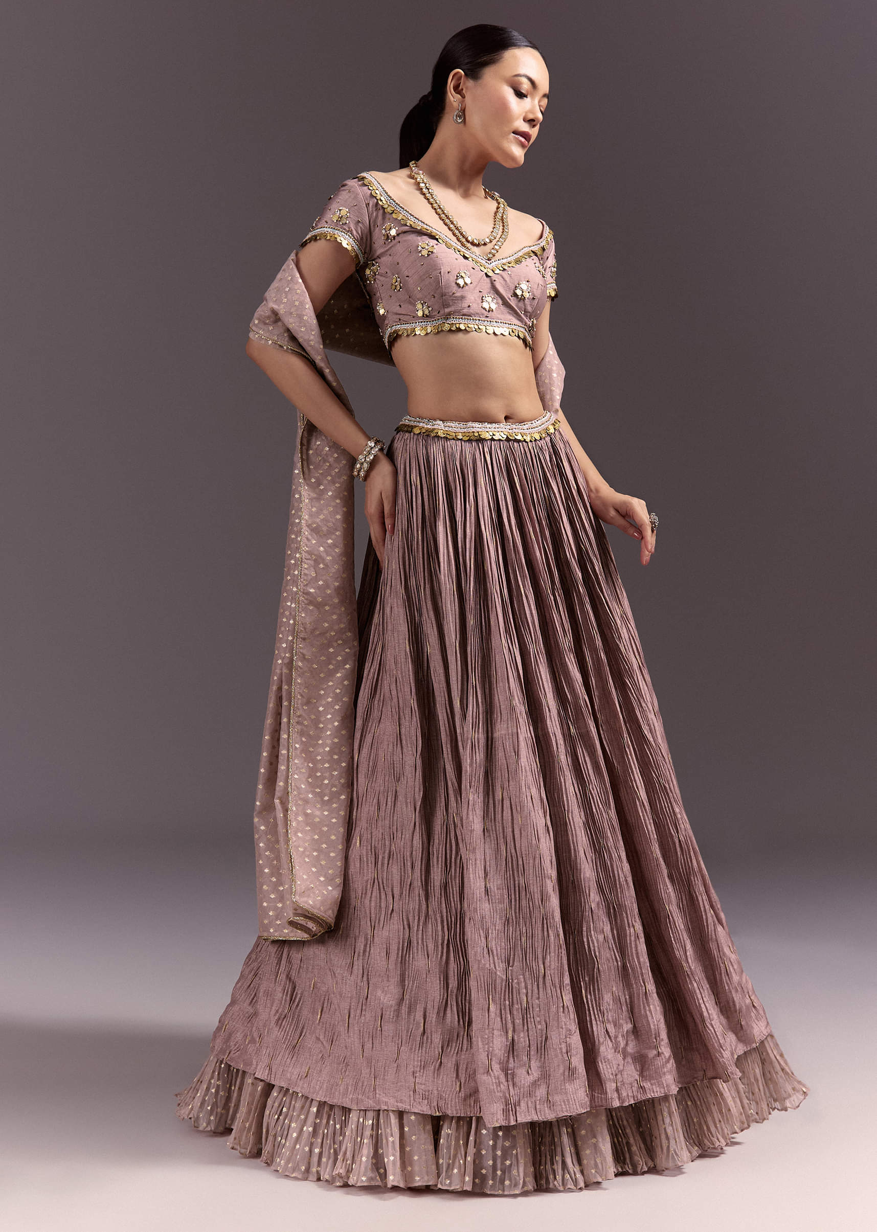Purple Tussar Lehenga Set With Copper Coin Metal Embroidery - Image 3