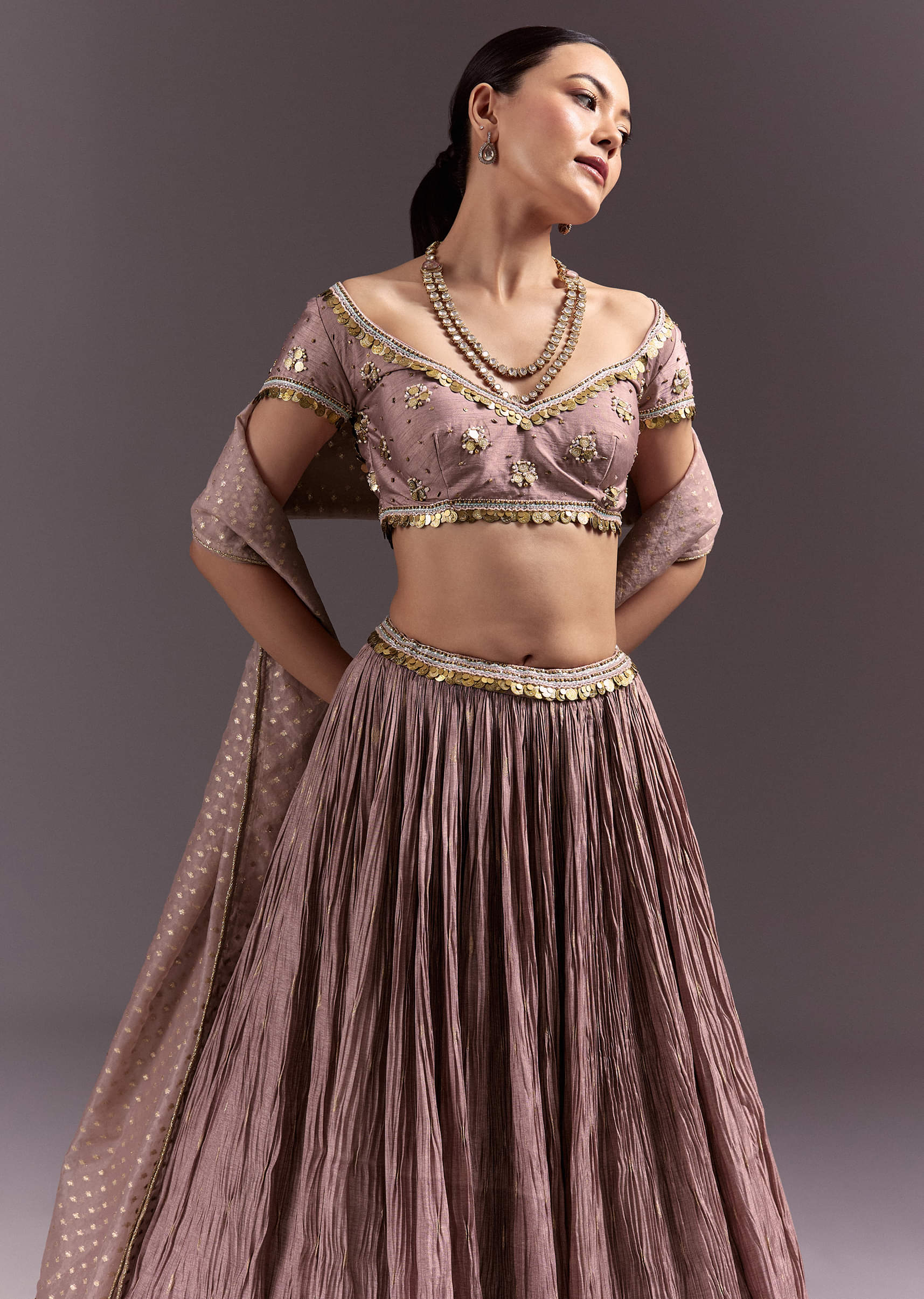 Purple Tussar Lehenga Set With Copper Coin Metal Embroidery - Image 4