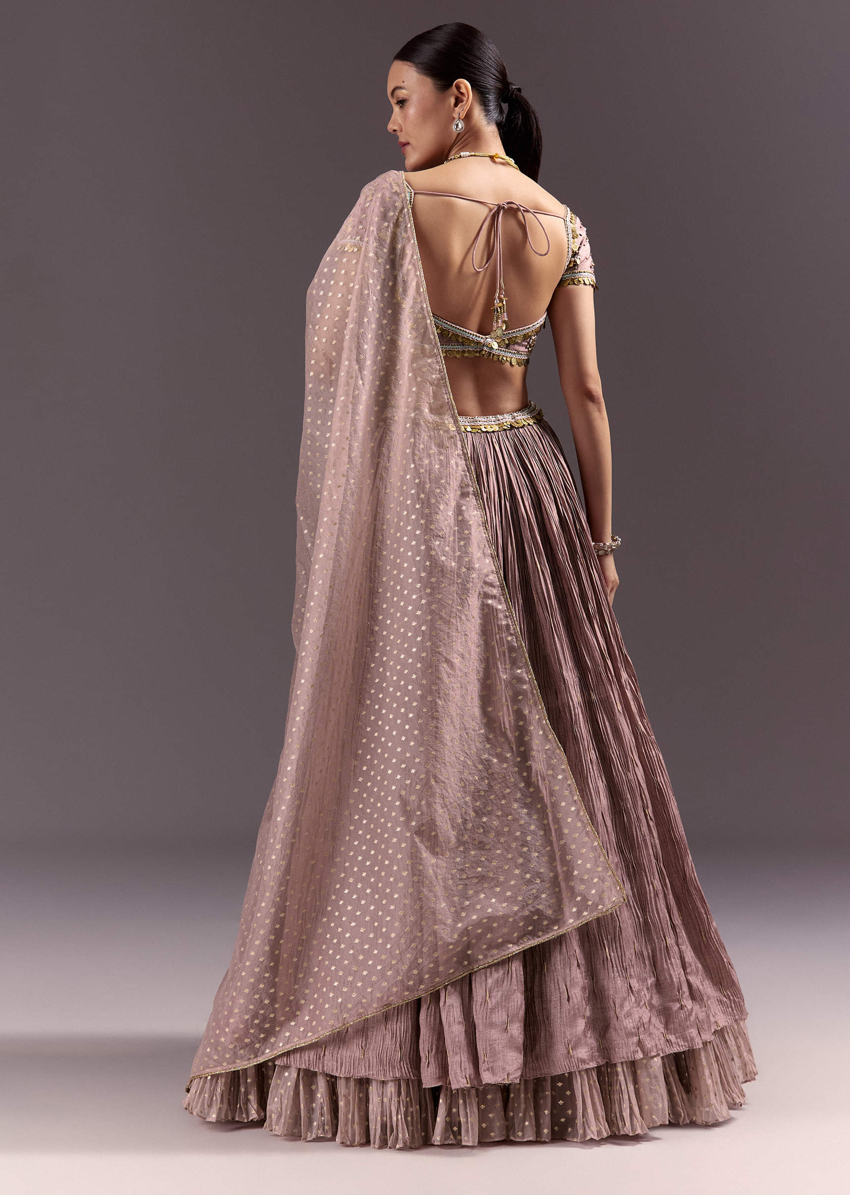 Purple Tussar Lehenga Set With Copper Coin Metal Embroidery - Image 5