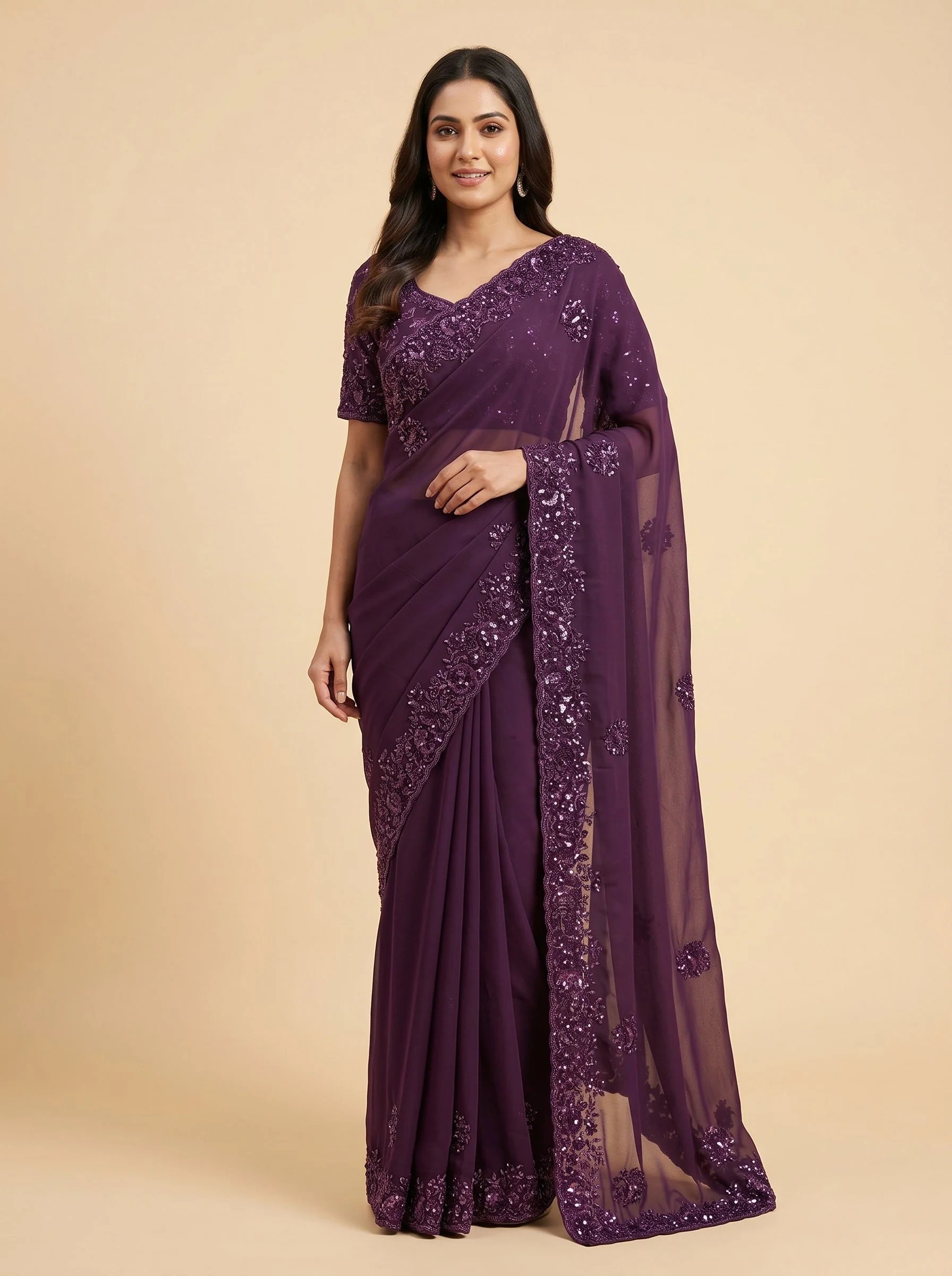 Purple Velvet Charm Embroidered Saree