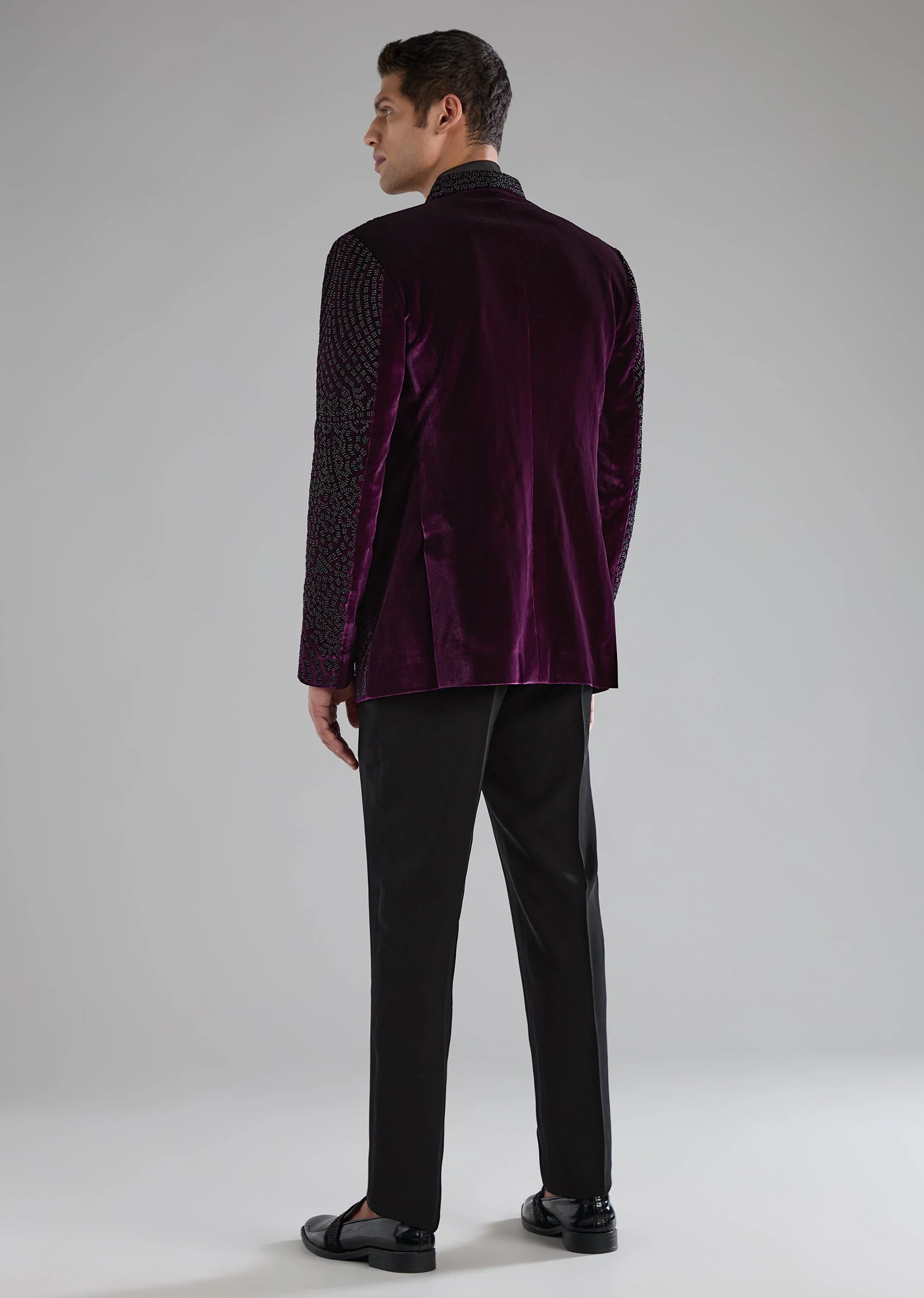 Purple Velvet Jodhpuri Shirt Set with Bead Work - Image 5