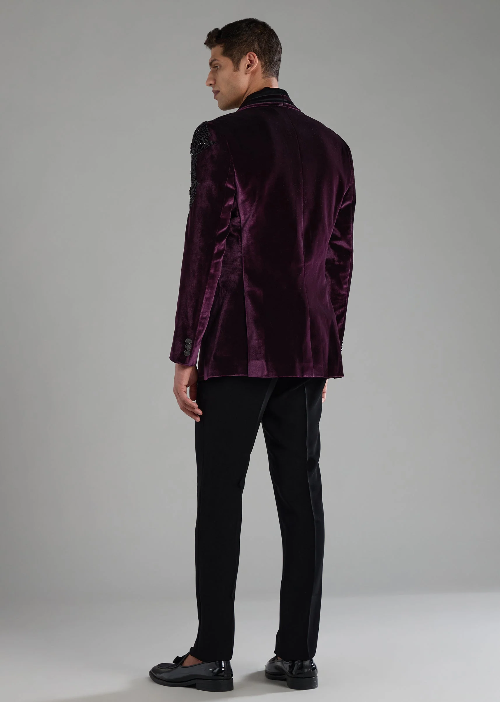 Purple Velvet Stone Embellished Tuxedo Set with Bow Tie - Image 5
