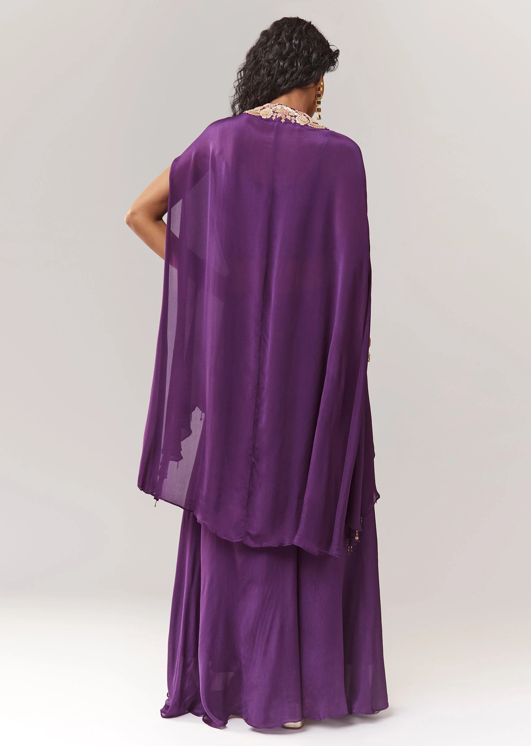 Purple Zardosi And Moti Cape Set With Palazzo - Image 5