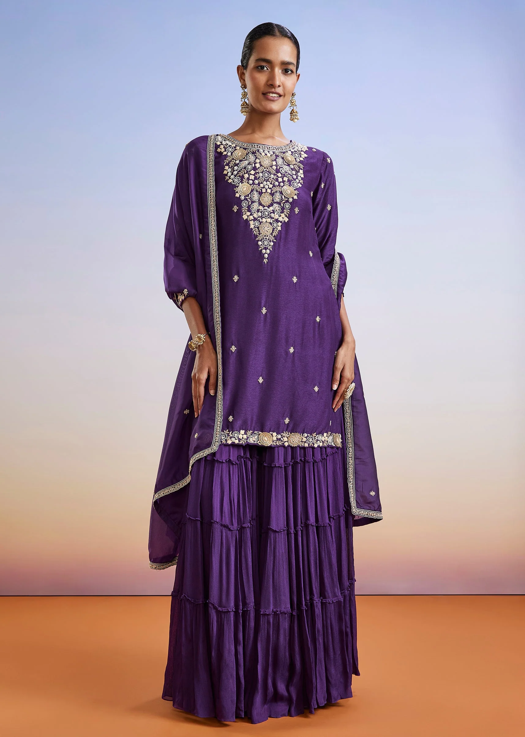 Purple Zardosi Embroidered Sharara Suit With Dupatta - Image 3