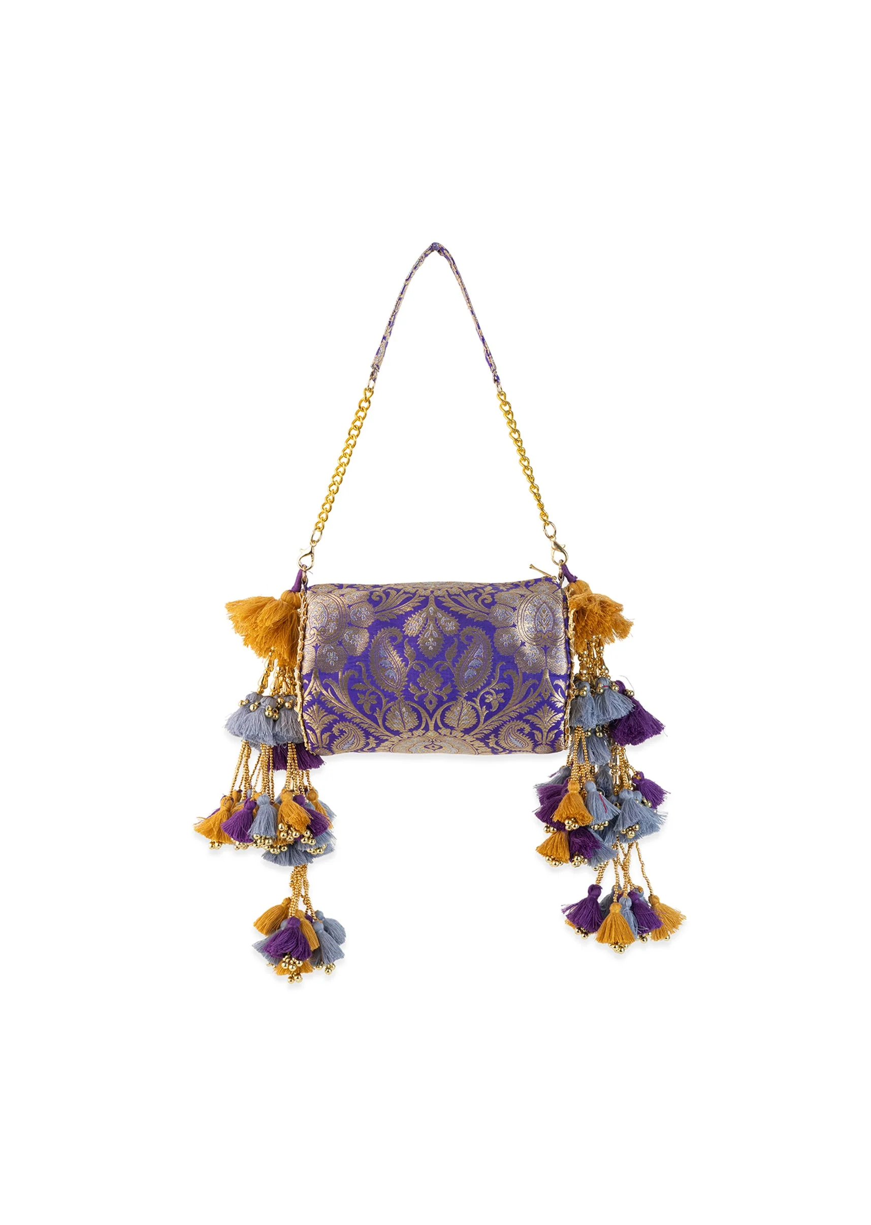 Purple Zari Embellished Brocade Kundan Bag with Tassel - Image 2