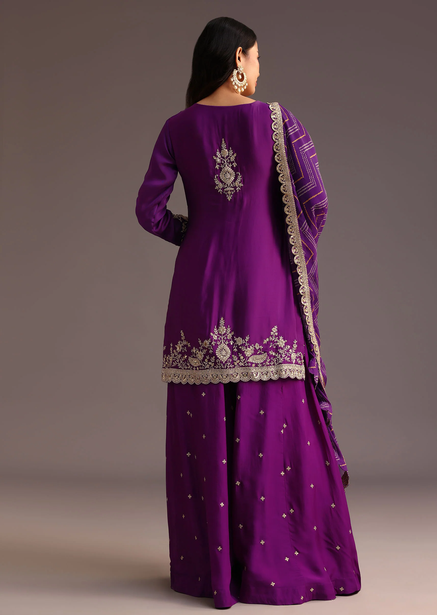 Purple Zari Work Palazzo Suit With Organza Dupatta - Image 6