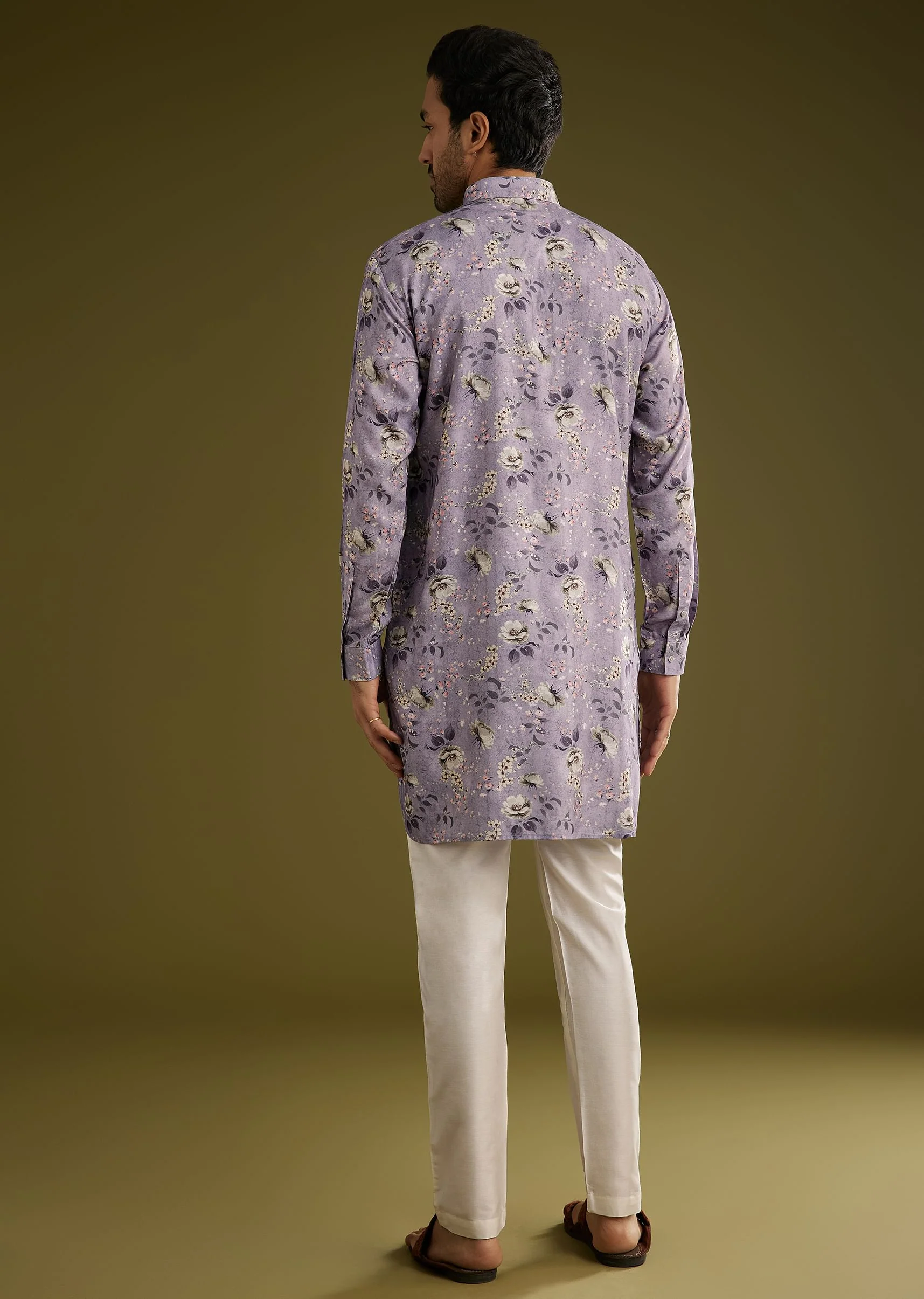 Purple Zipper Kurta Set In Russian Silk With Floral Printed - Image 4