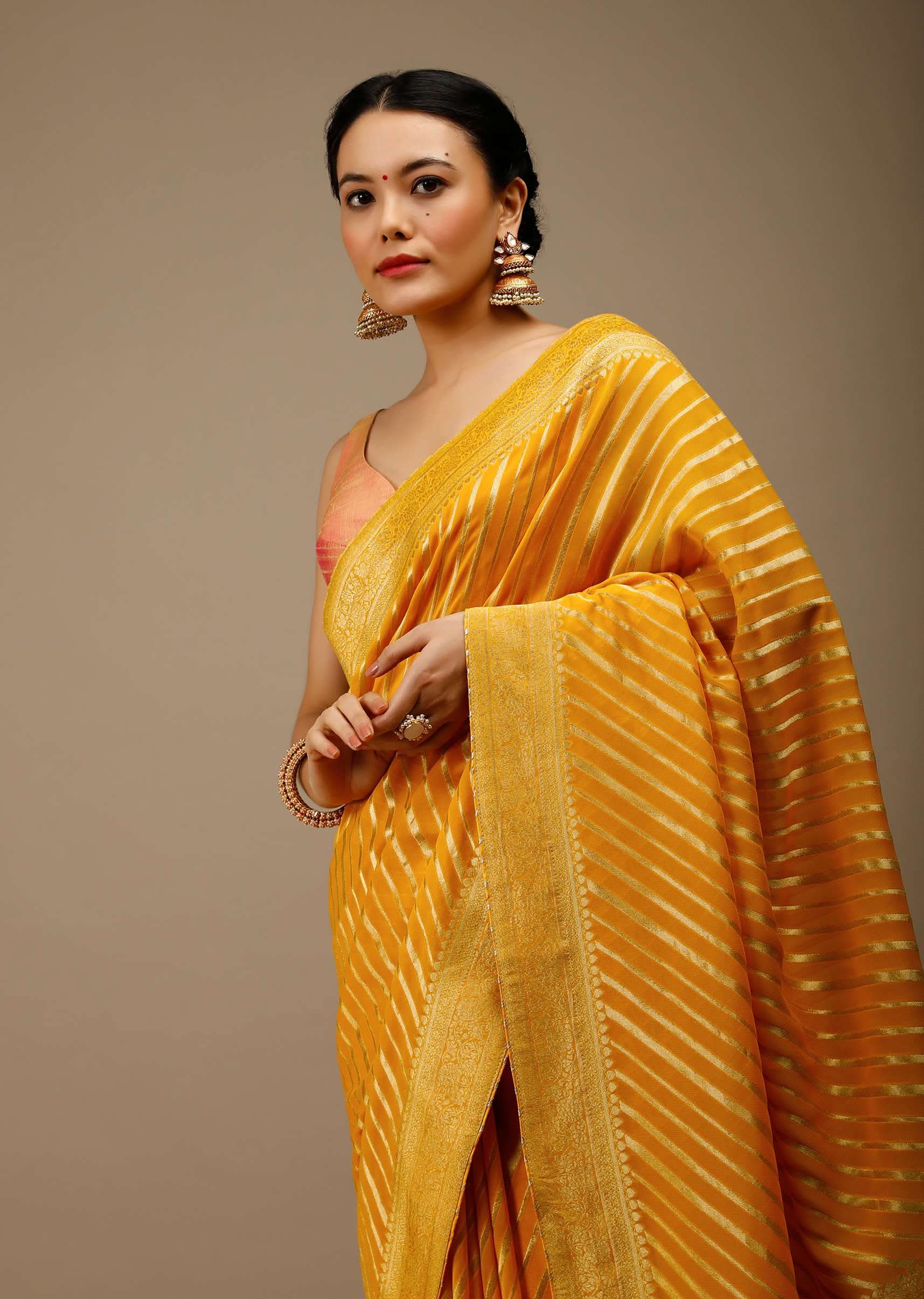 Radiant Yellow Saree In Georgette With Brocade Woven Diagonal Stripes And Floral Border - Image 2