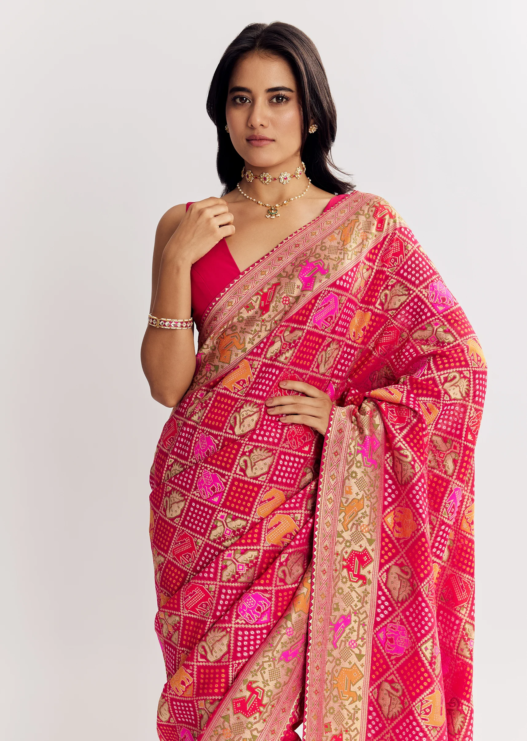 Rani Dola Silk Bandhani Saree With Multicolor Animal Motifs And Gota Border - Image 4