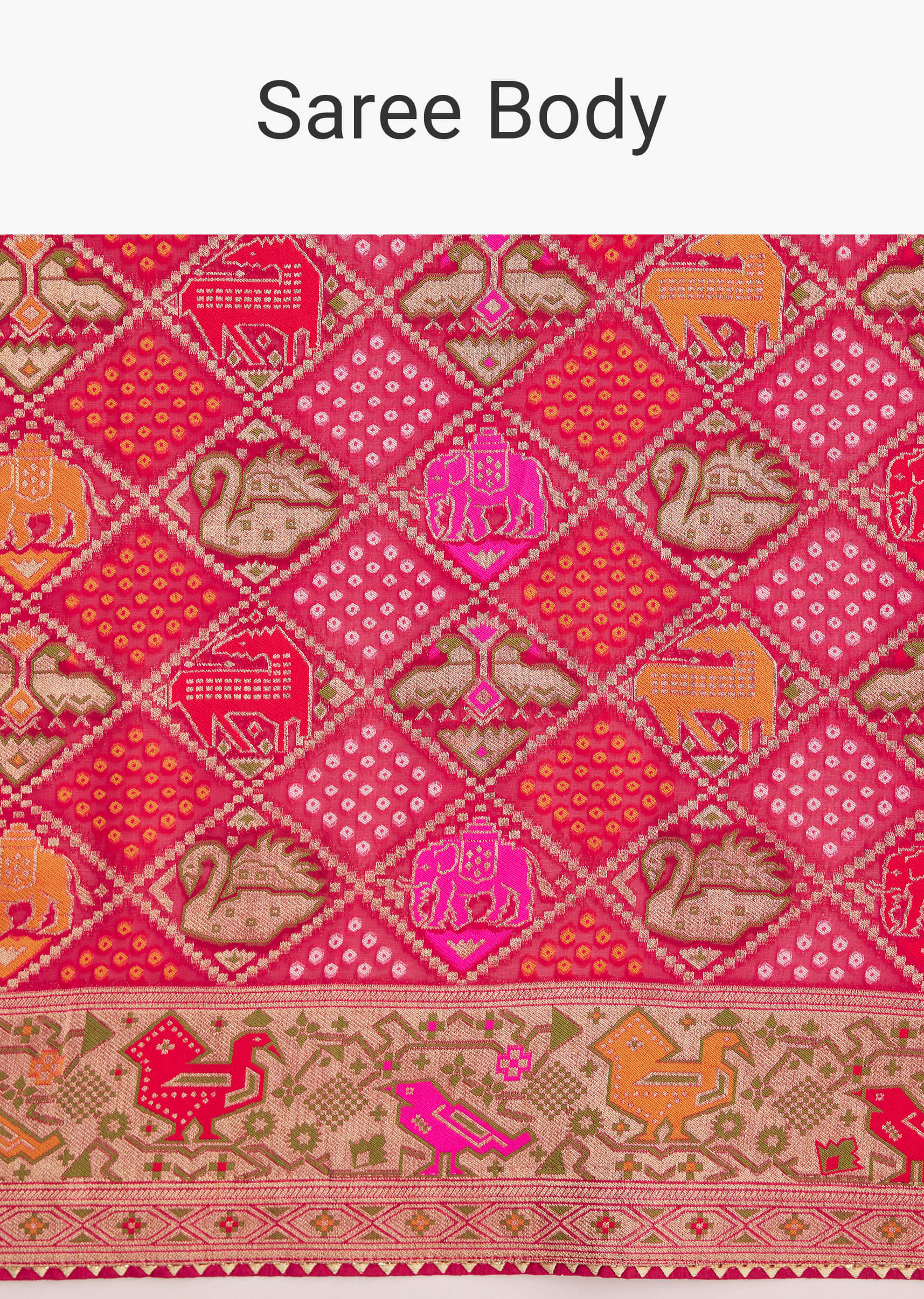 Rani Dola Silk Bandhani Saree With Multicolor Animal Motifs And Gota Border - Image 9