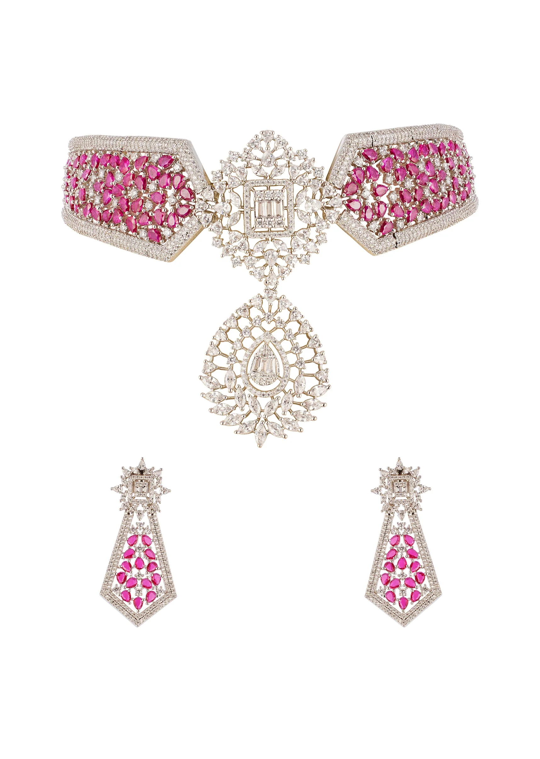 Rani Pink Anti Tarnish Finish Rhodium Plated Long Necklace Set In Brass with CZ Diamonds
