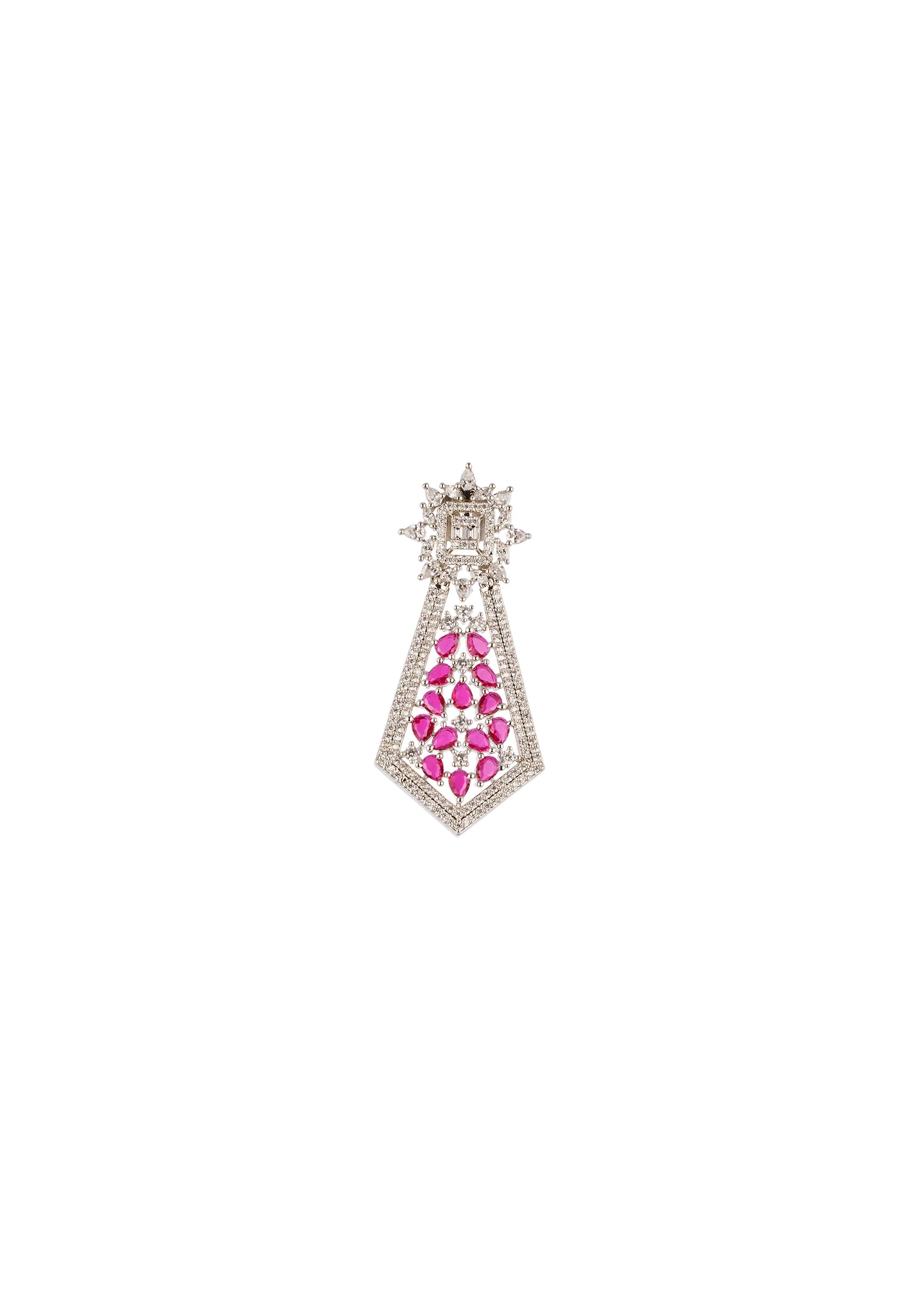 Rani Pink Anti Tarnish Finish Rhodium Plated Long Necklace Set In Brass with CZ Diamonds - Image 4
