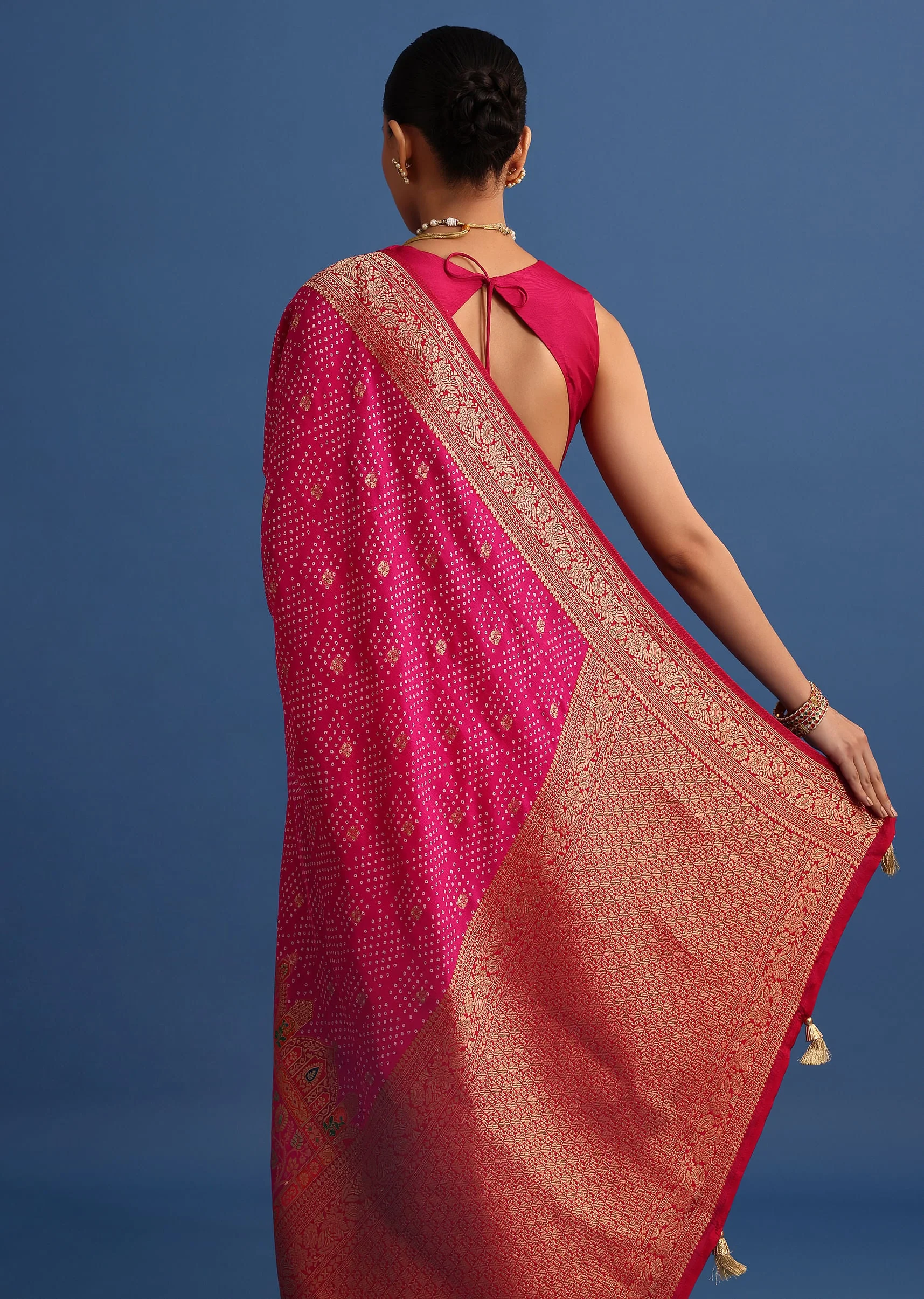 Rani Pink Banarasi Bandhani Satin Saree With Brocade Motifs On Border - Image 4