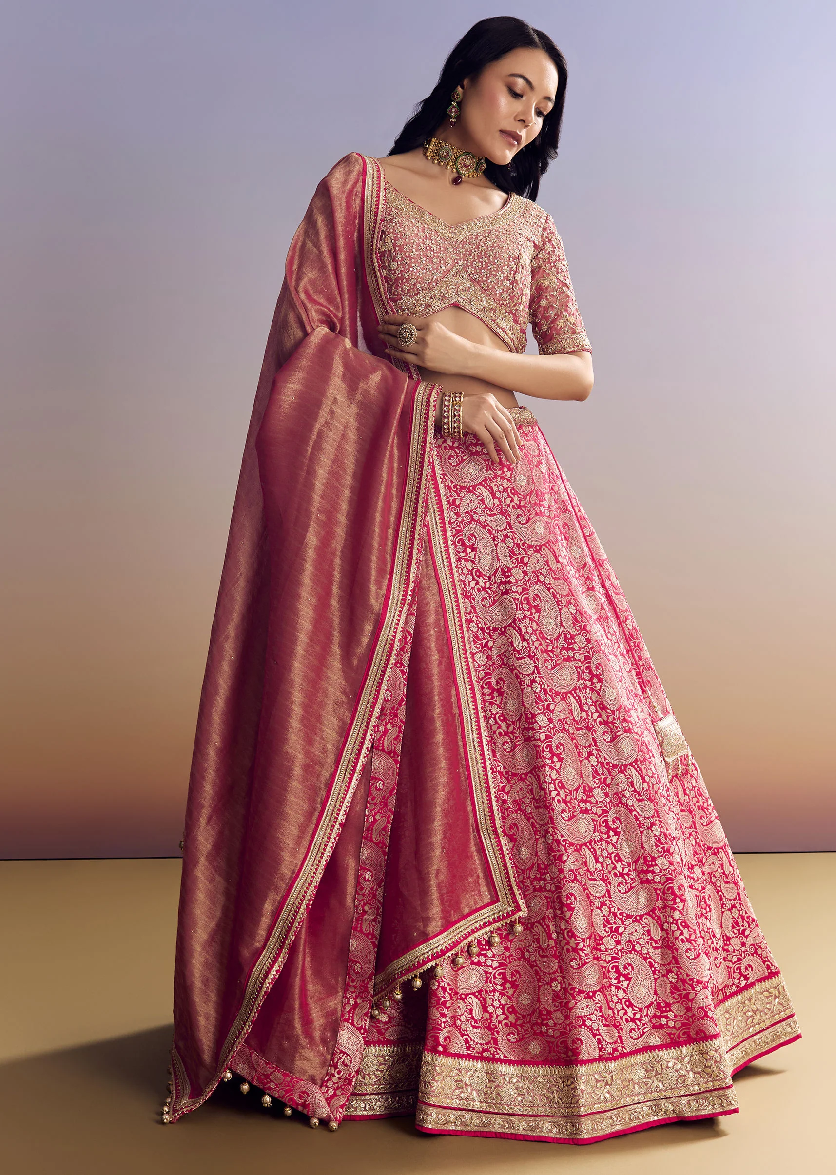Rani Pink Banarasi Lehenga Set With Embroidered Choli - Image 3