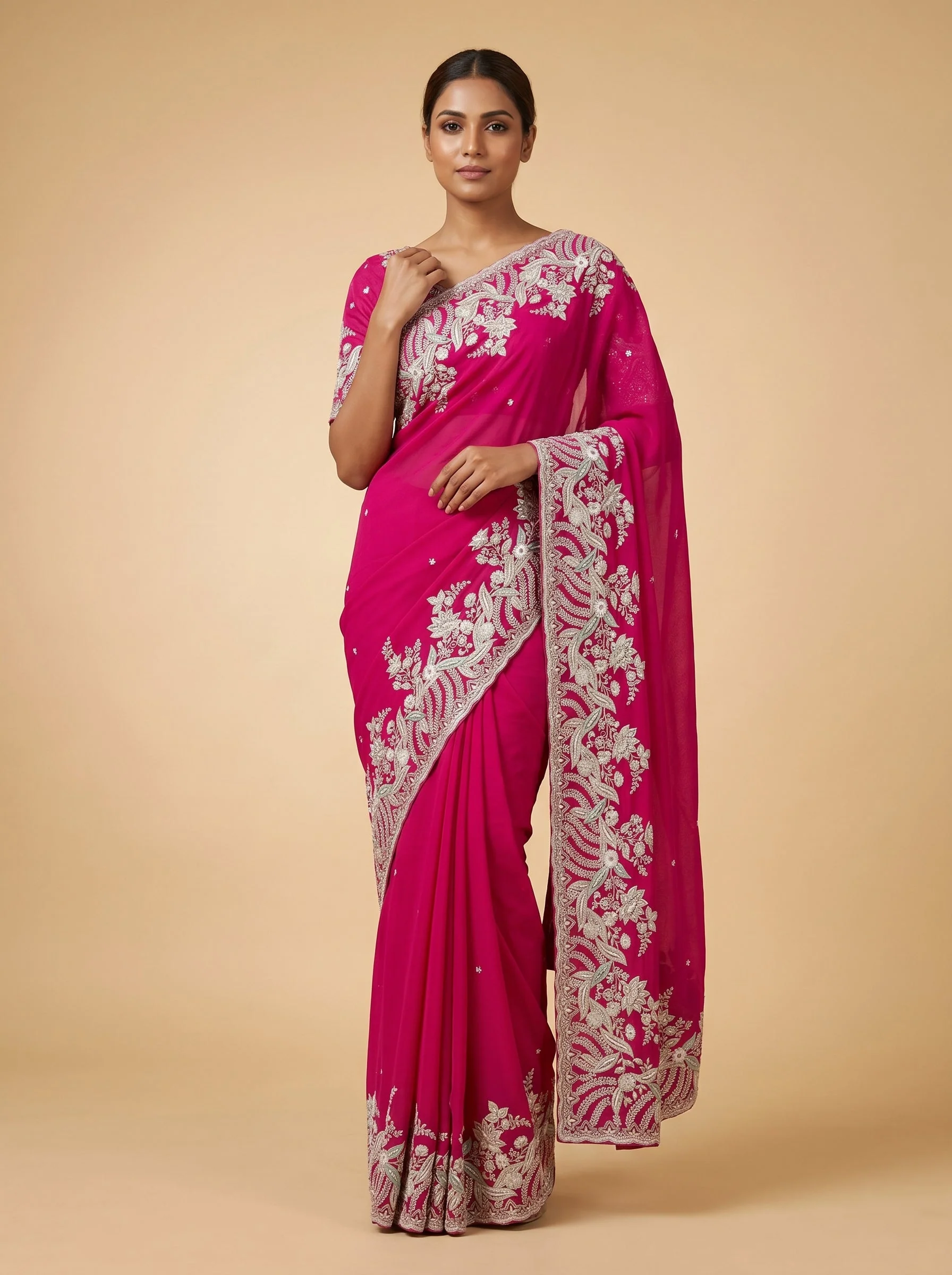 Rani Pink Bridal Glow Embroidered Saree