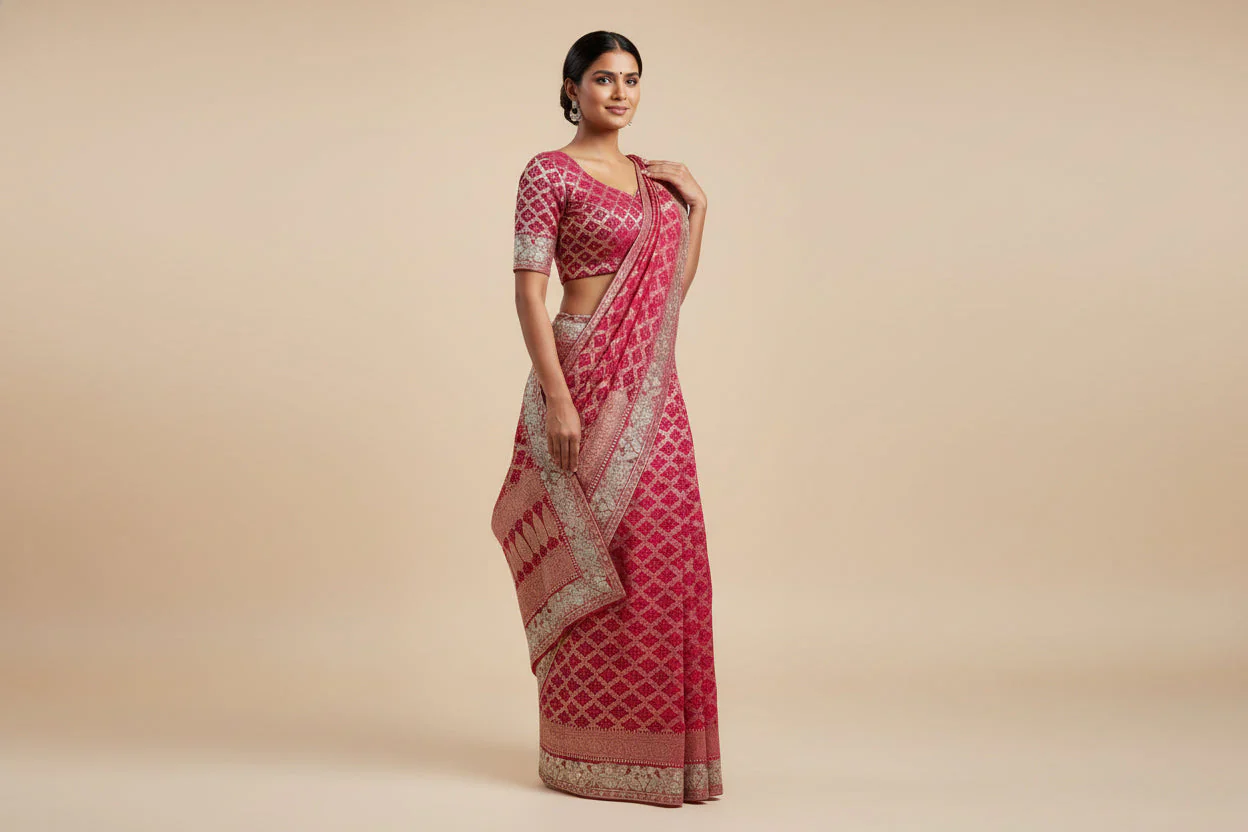 Rani Pink Celebration Embroidered Saree