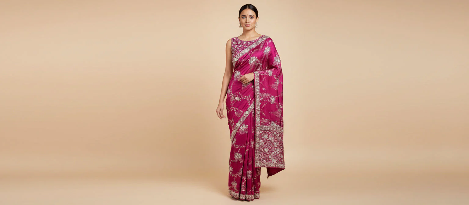 Rani Pink Celebratory Embroidered Saree