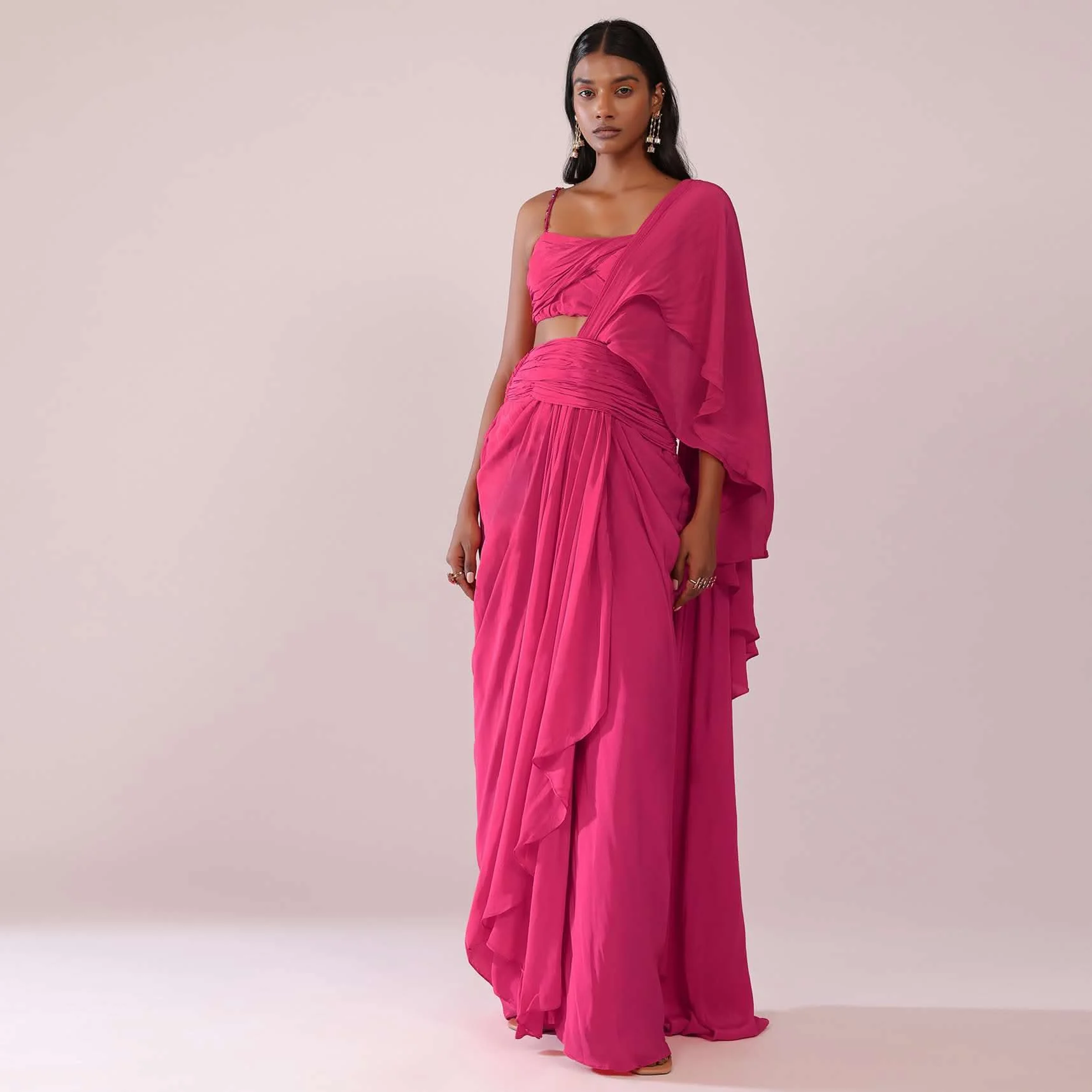 Rani Pink Crepe Drape Saree And Blouse With Crystal Detailing On the Strap - Image 2