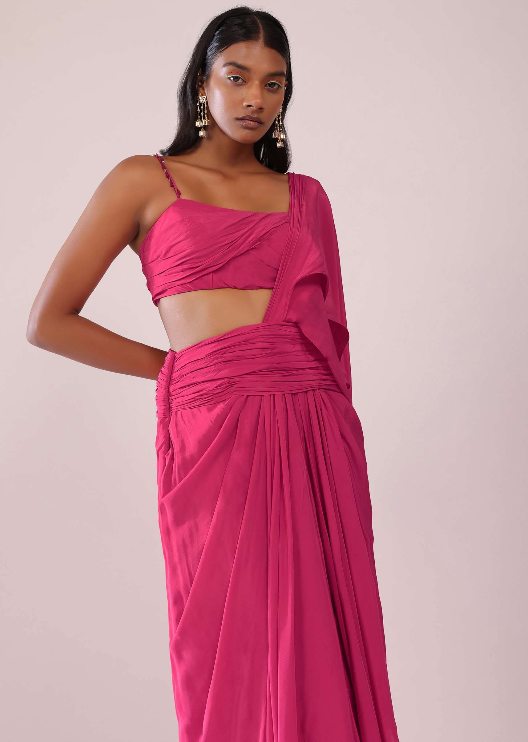 Rani Pink Crepe Drape Saree And Blouse With Crystal Detailing On the Strap - Image 3