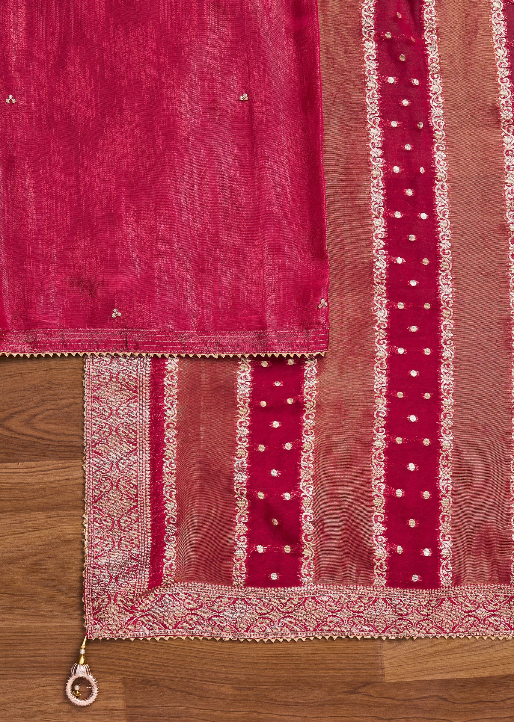 Rani Pink Crepe Unstitched Suit With Dupatta and Bottom Fabric - Image 3