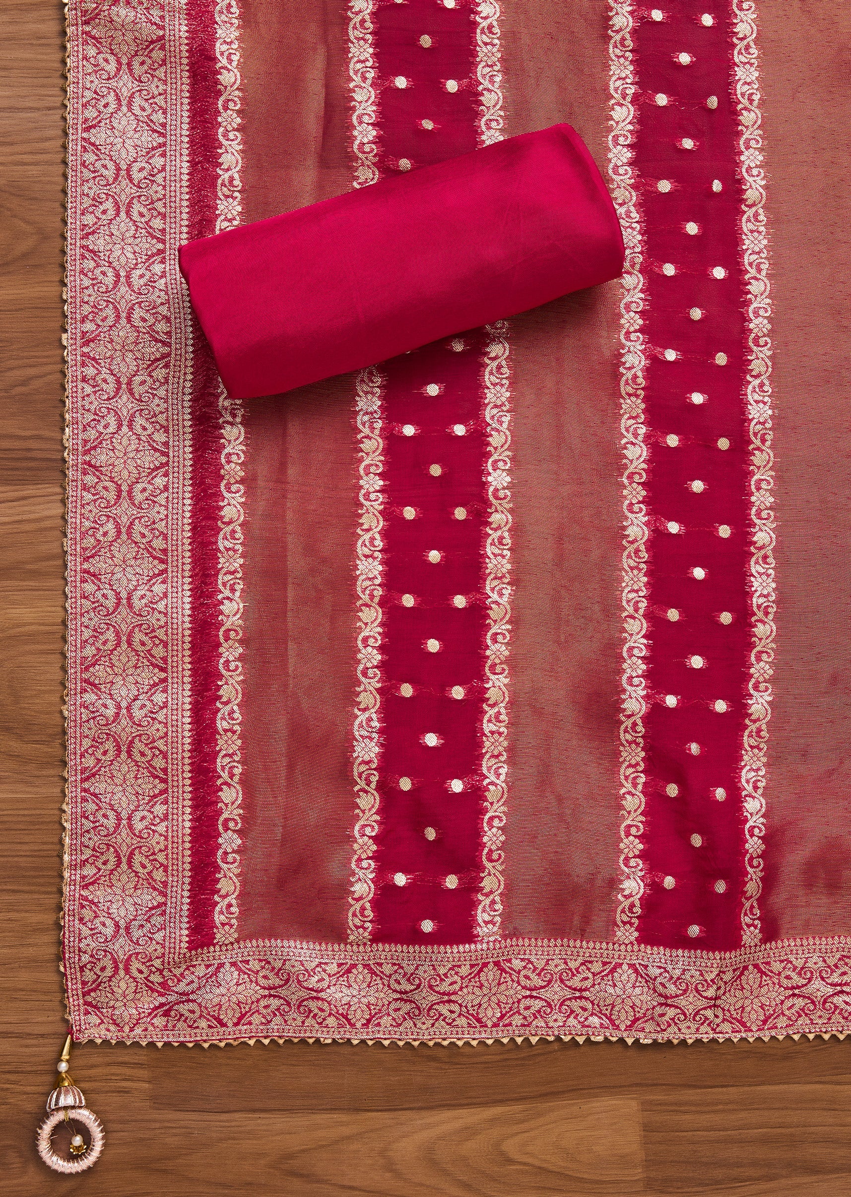 Rani Pink Crepe Unstitched Suit With Dupatta and Bottom Fabric - Image 4