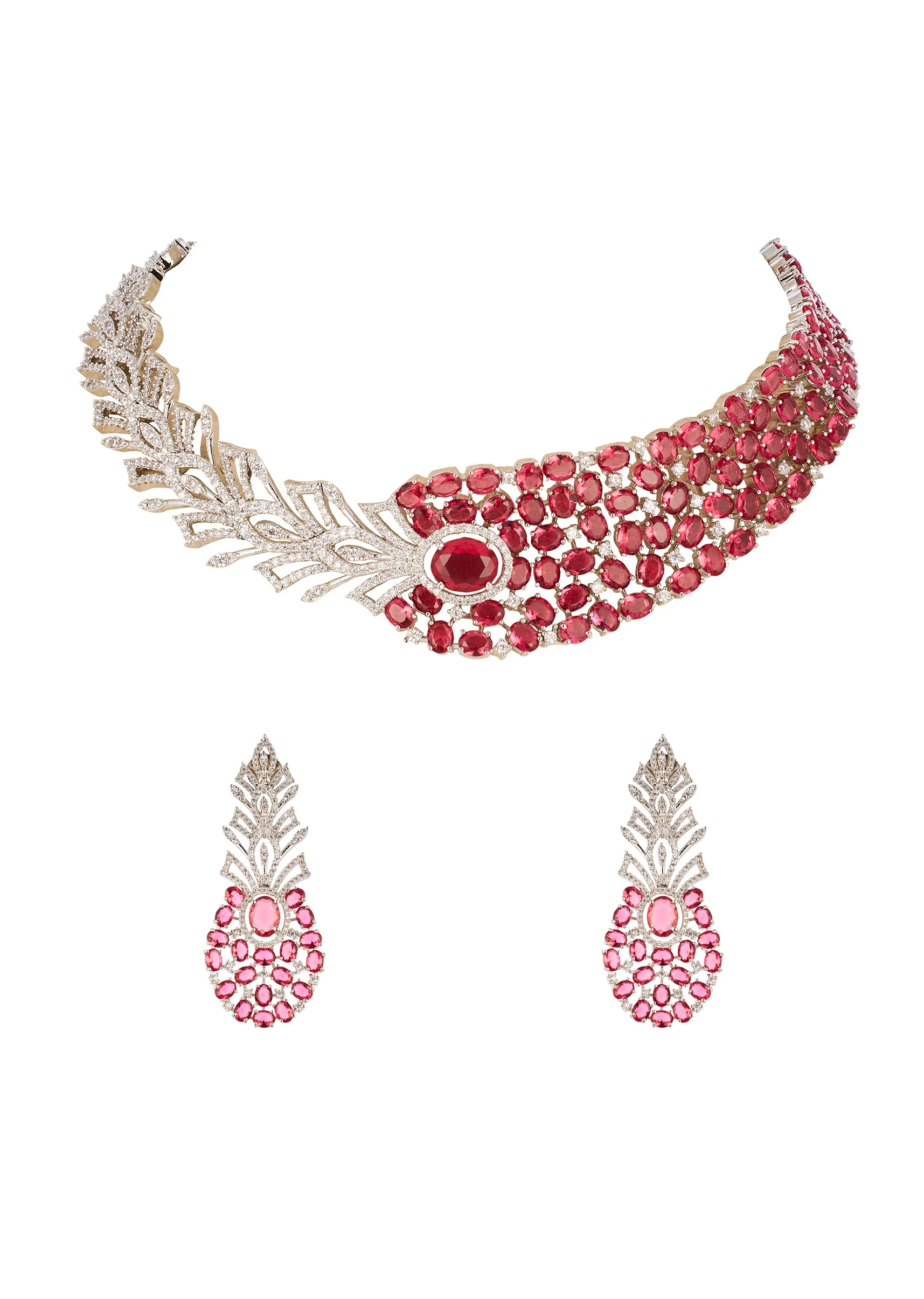 Rani Pink CZ Diamond Anti Tarnish Finish Gemstone Necklace Set in Rhodium Plated Brass
