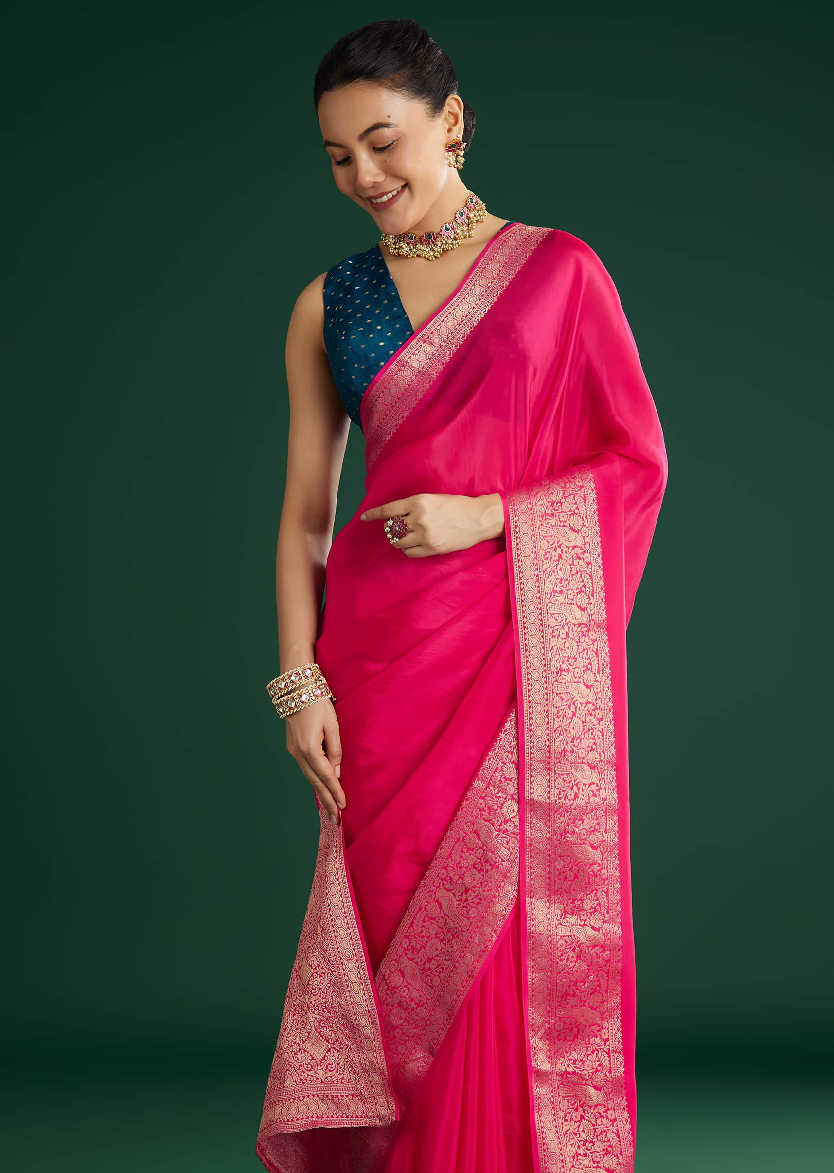 Rani Pink Dola Silk Saree With Woven Border And Pallu - Image 2
