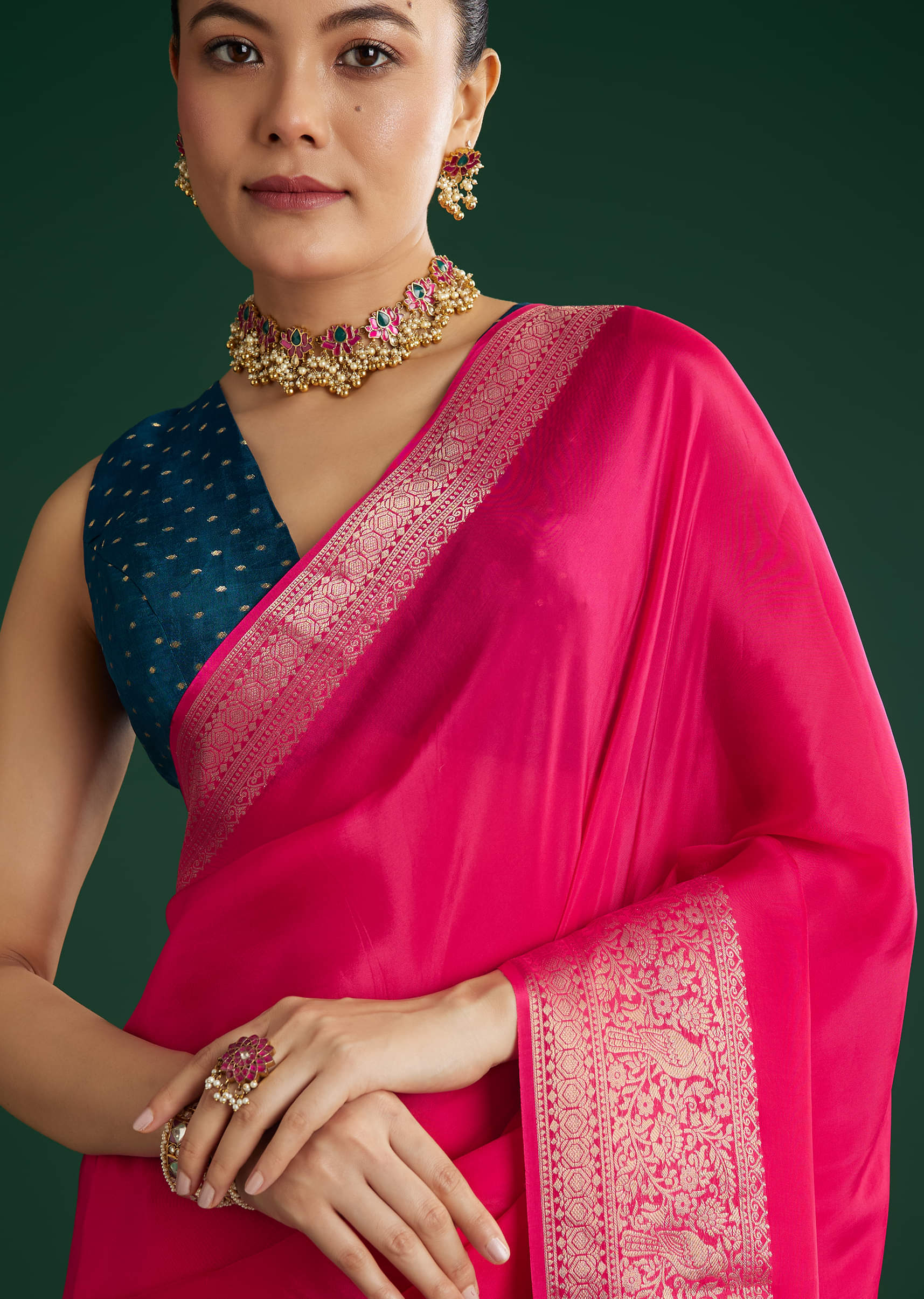 Rani Pink Dola Silk Saree With Woven Border And Pallu - Image 3