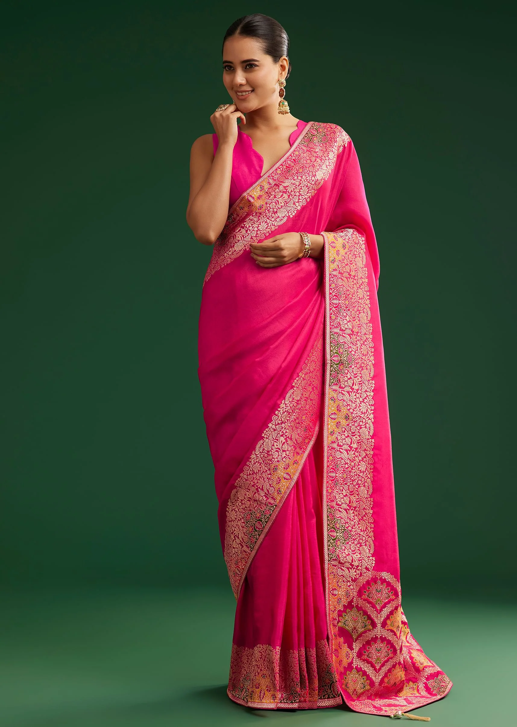 Rani Pink Dola Silk Saree With Zari Detailing - Image 3
