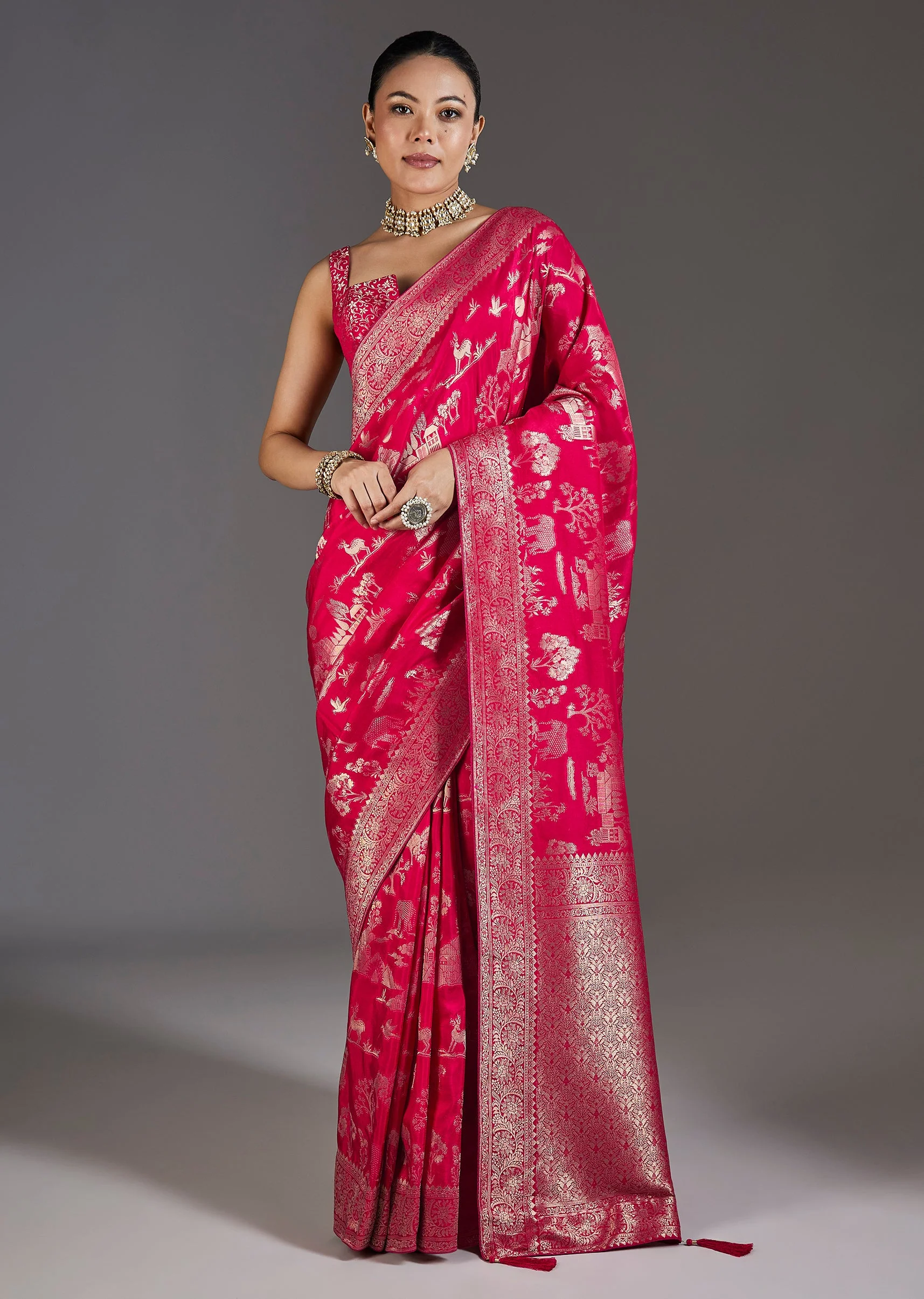 Rani Pink Dola Silk Zari Jungla Saree - Image 3