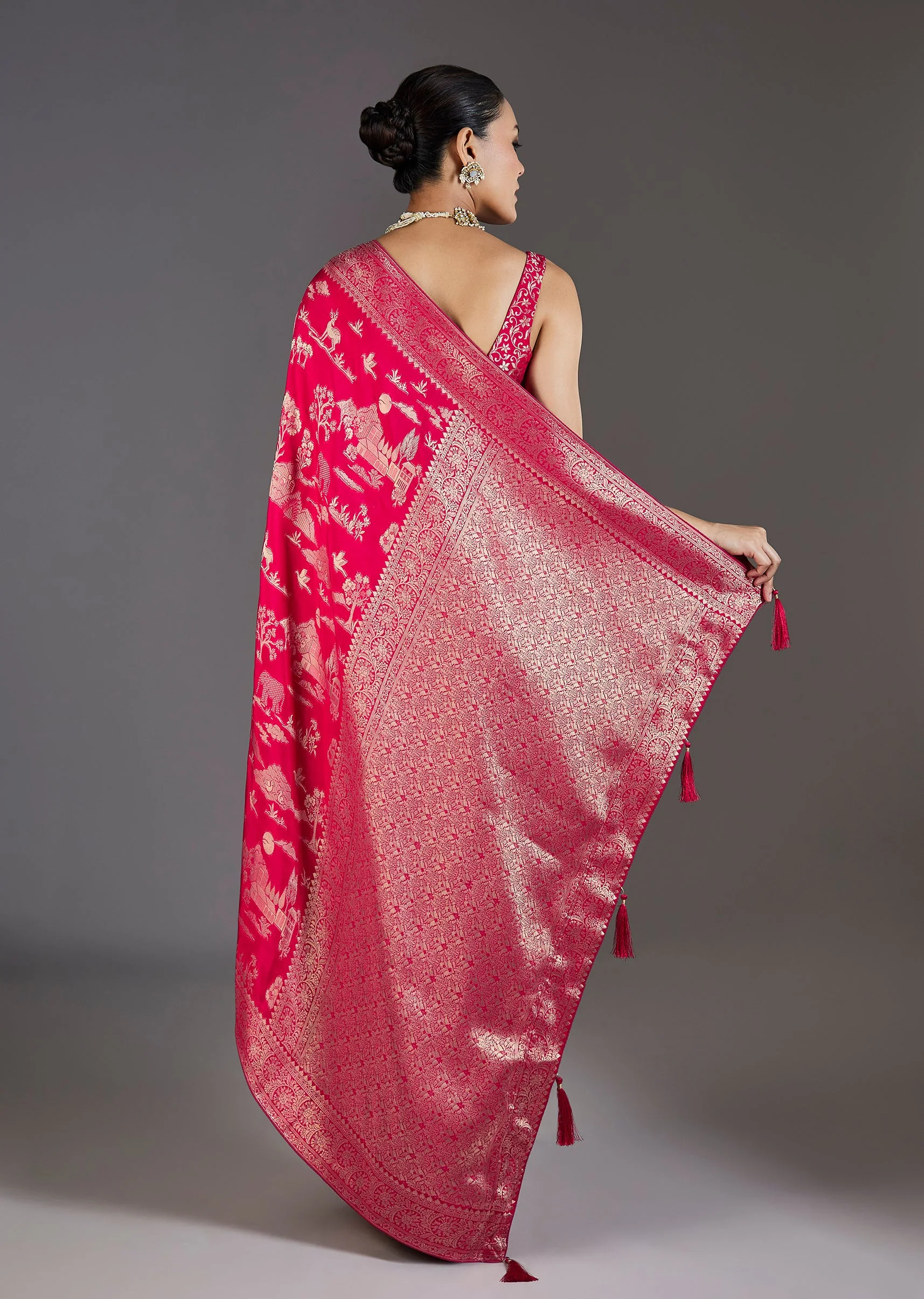 Rani Pink Dola Silk Zari Jungla Saree - Image 4