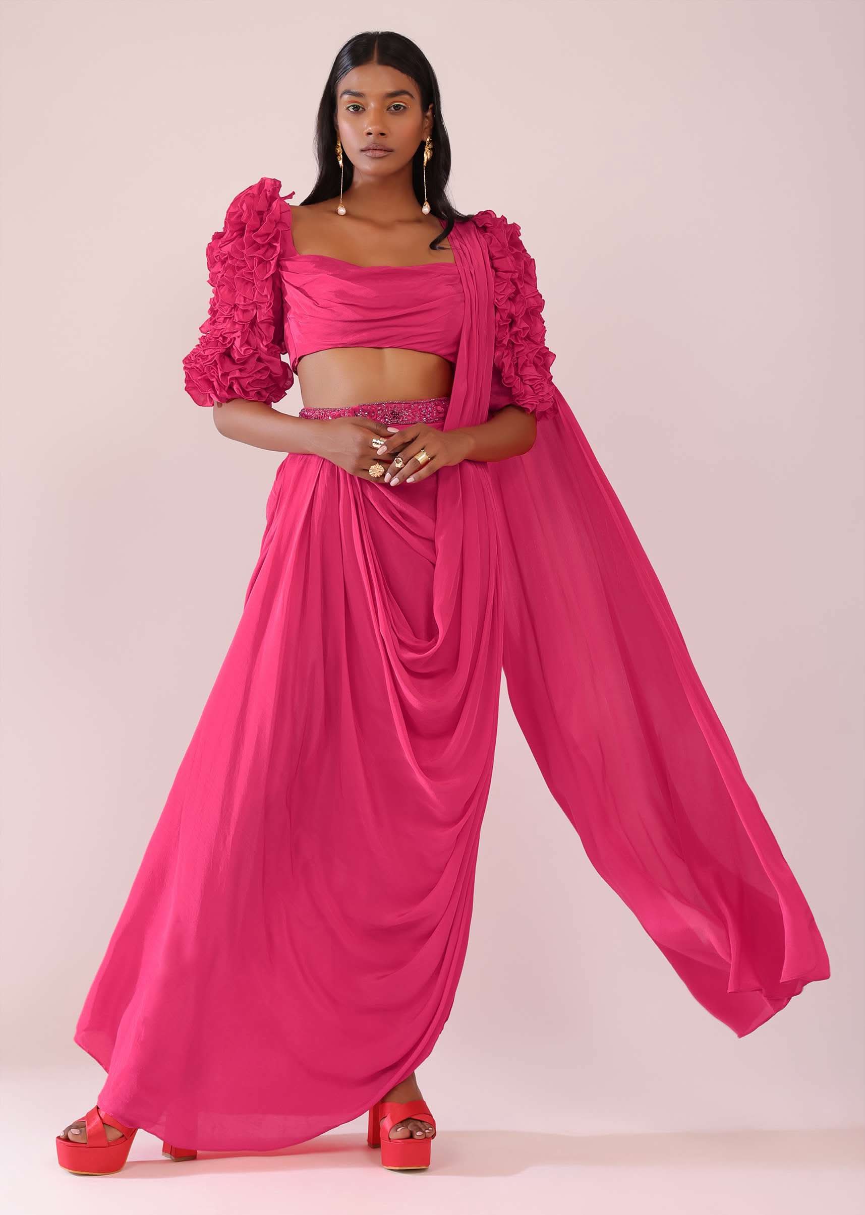 Rani Pink Drape Saree With Fancy Blouse In Crepe - Image 4