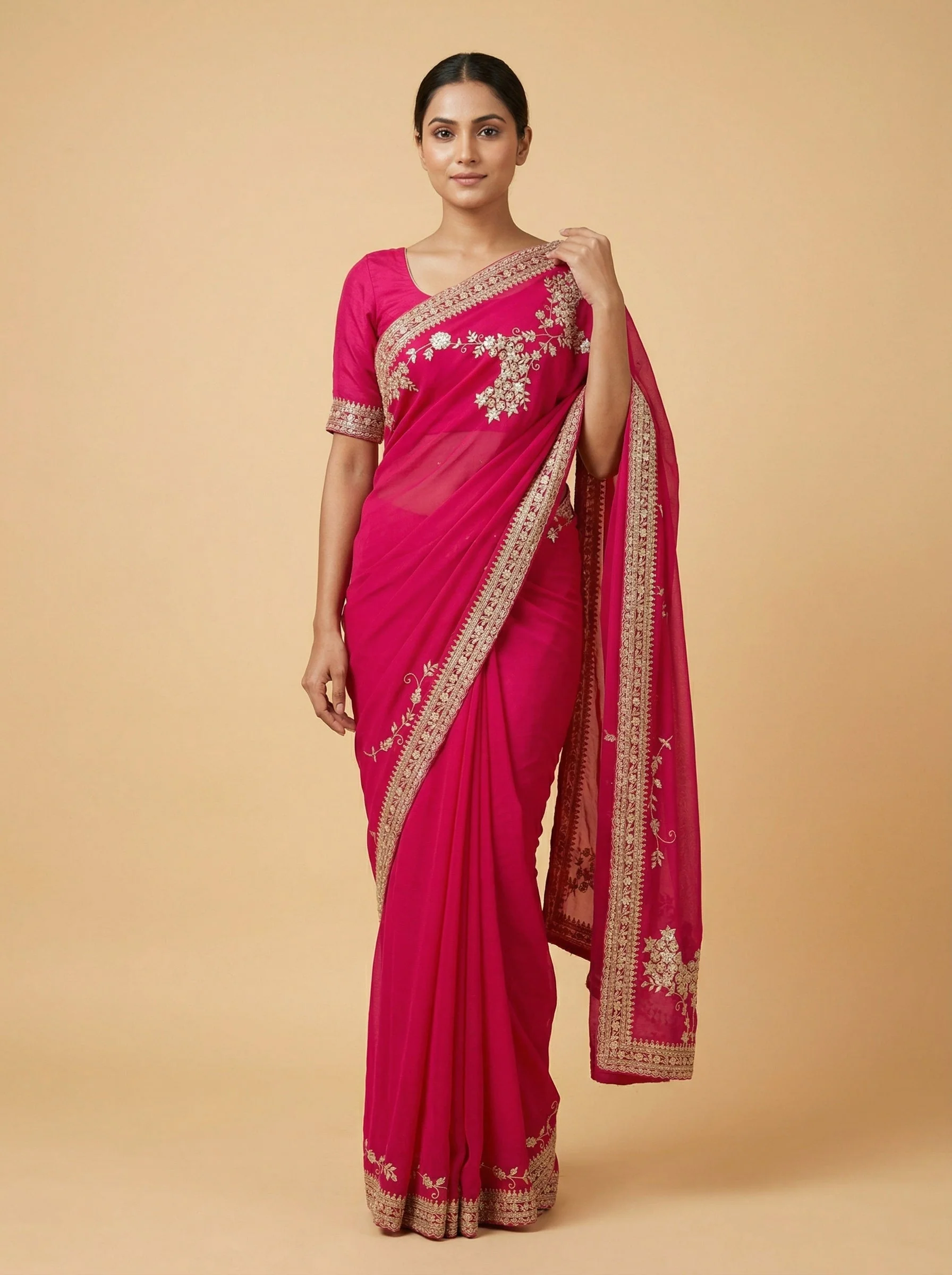 Rani Pink Dynamic Embroidered Saree