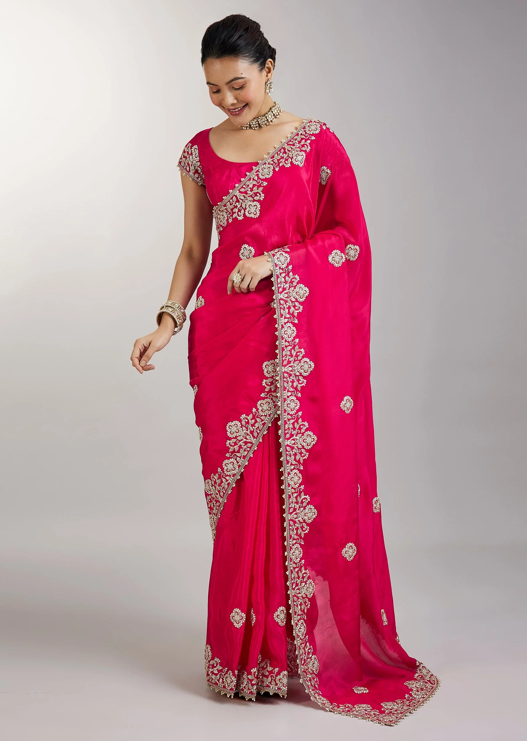 Rani Pink Embroidered Crepe Saree