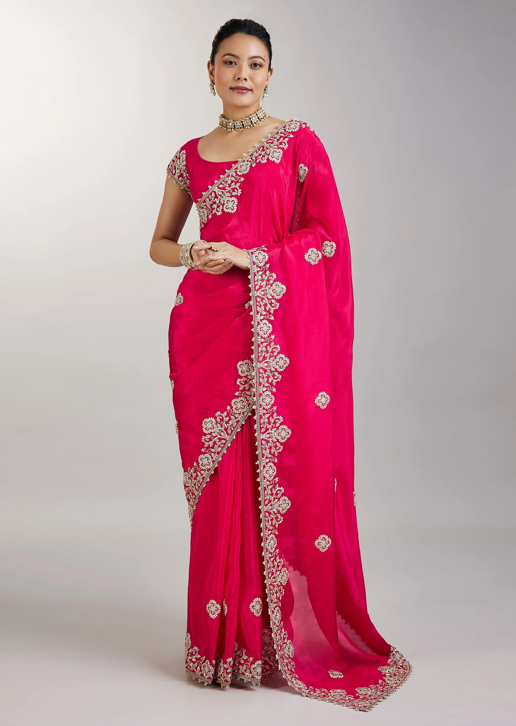 Rani Pink Embroidered Crepe Saree - Image 3
