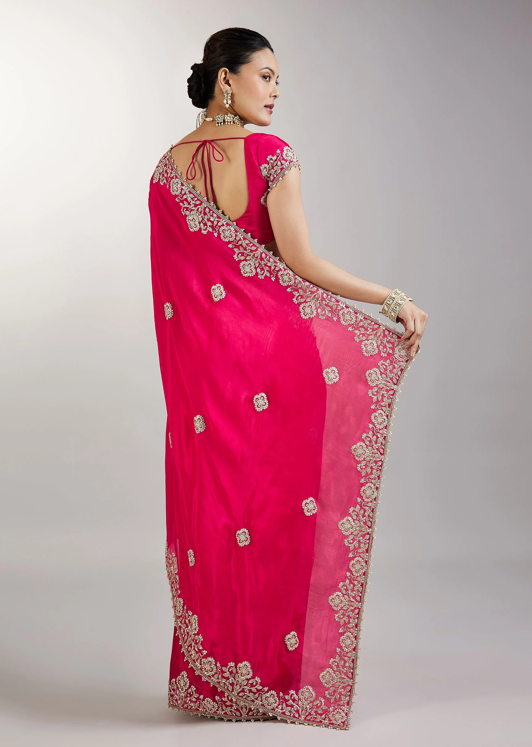Rani Pink Embroidered Crepe Saree - Image 4