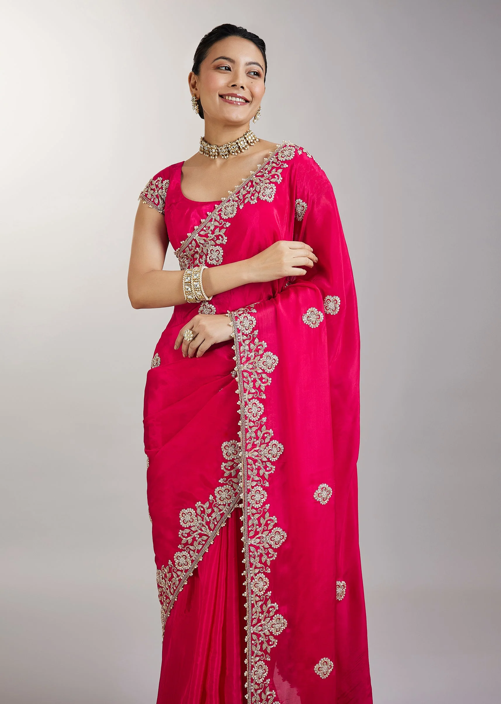 Rani Pink Embroidered Crepe Saree - Image 5