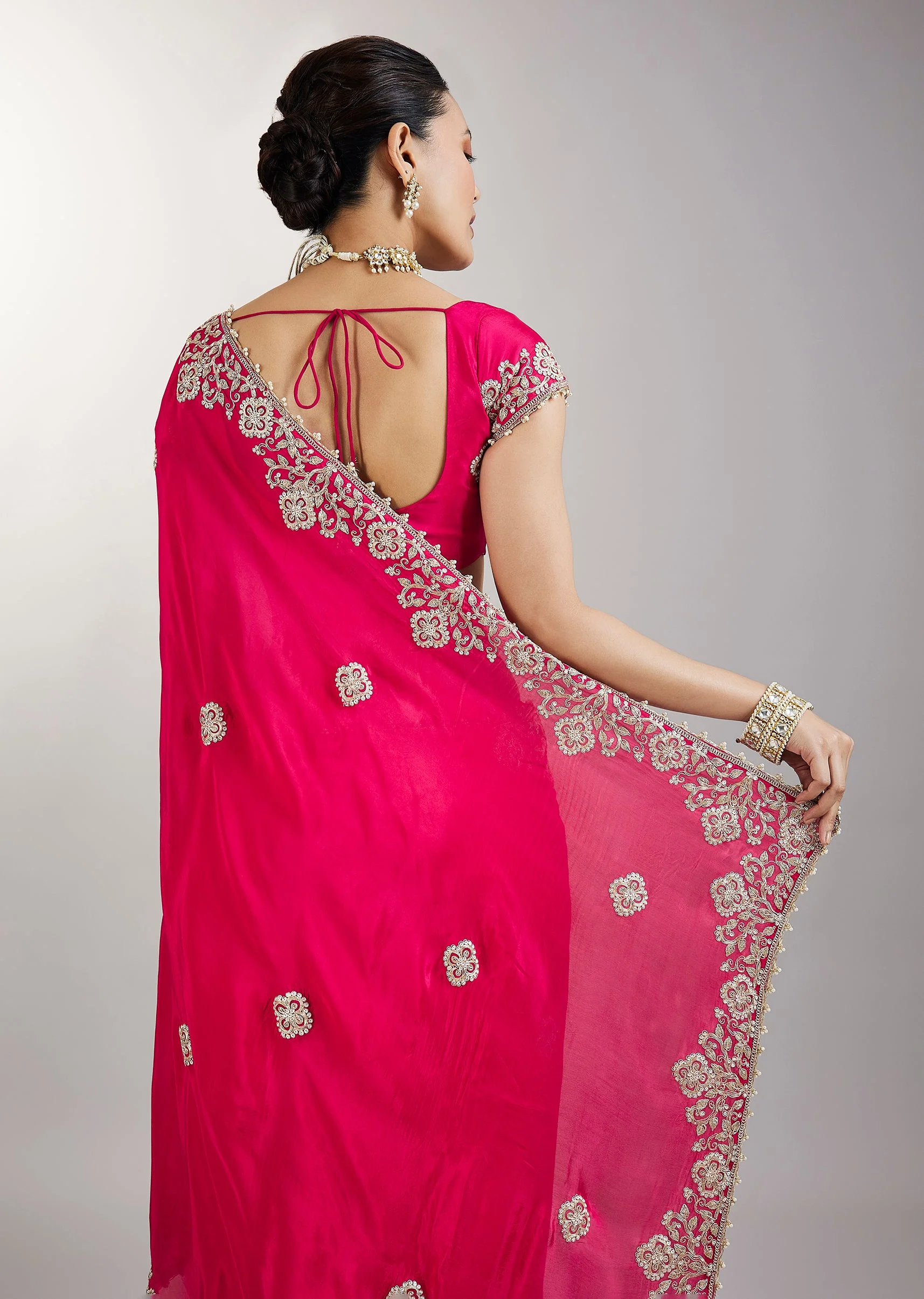 Rani Pink Embroidered Crepe Saree - Image 6