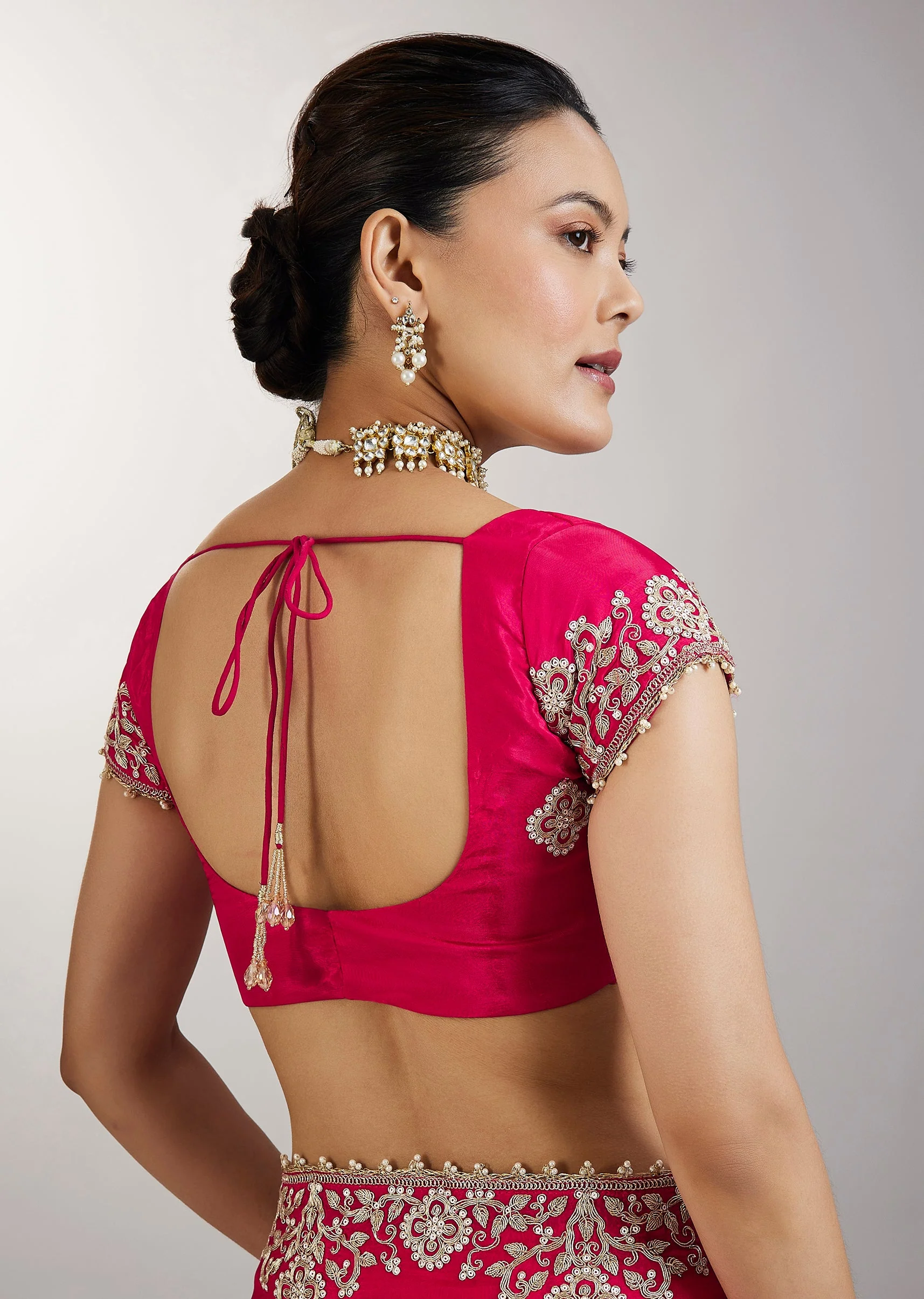 Rani Pink Embroidered Crepe Saree - Image 7