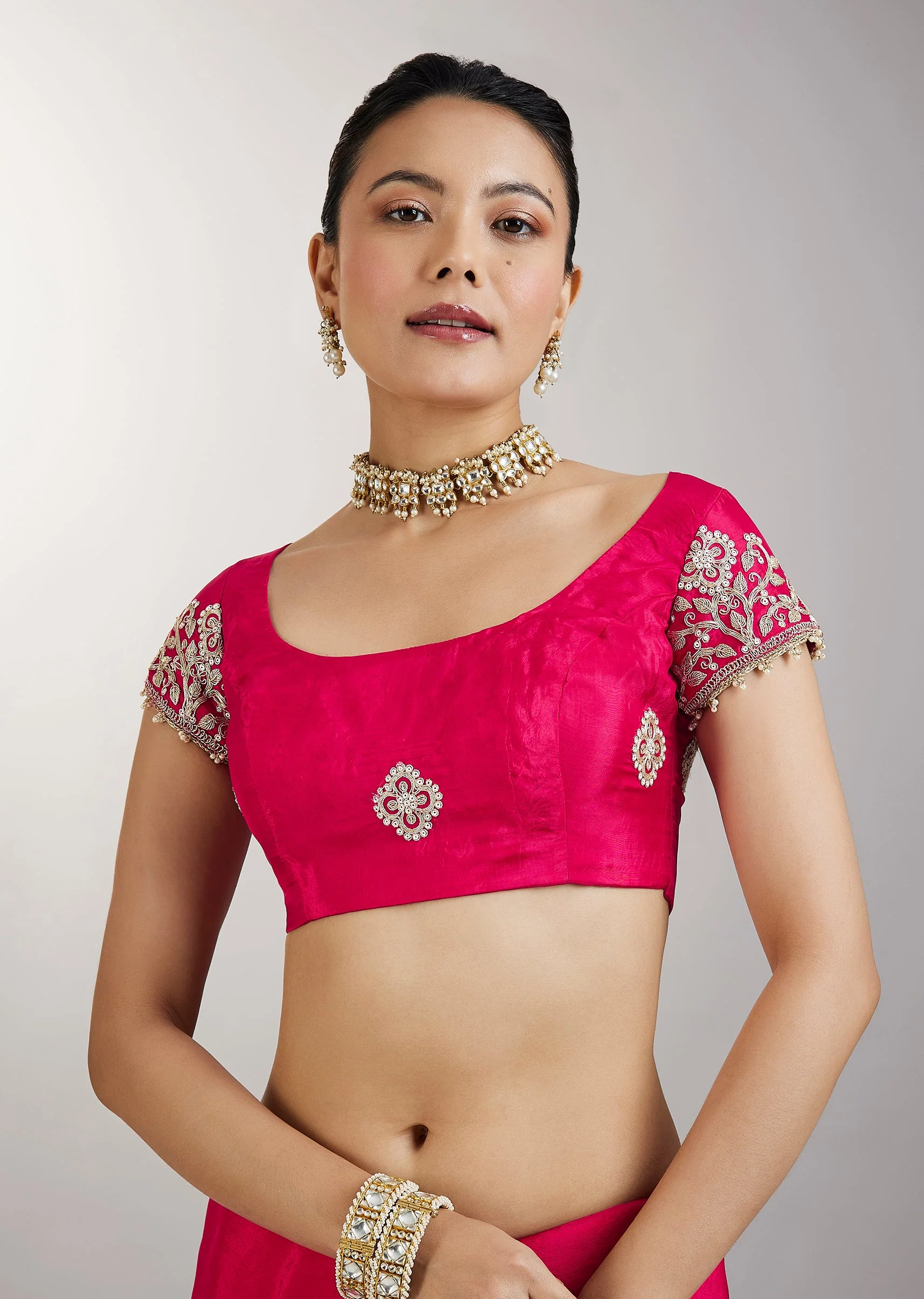 Rani Pink Embroidered Crepe Saree - Image 8