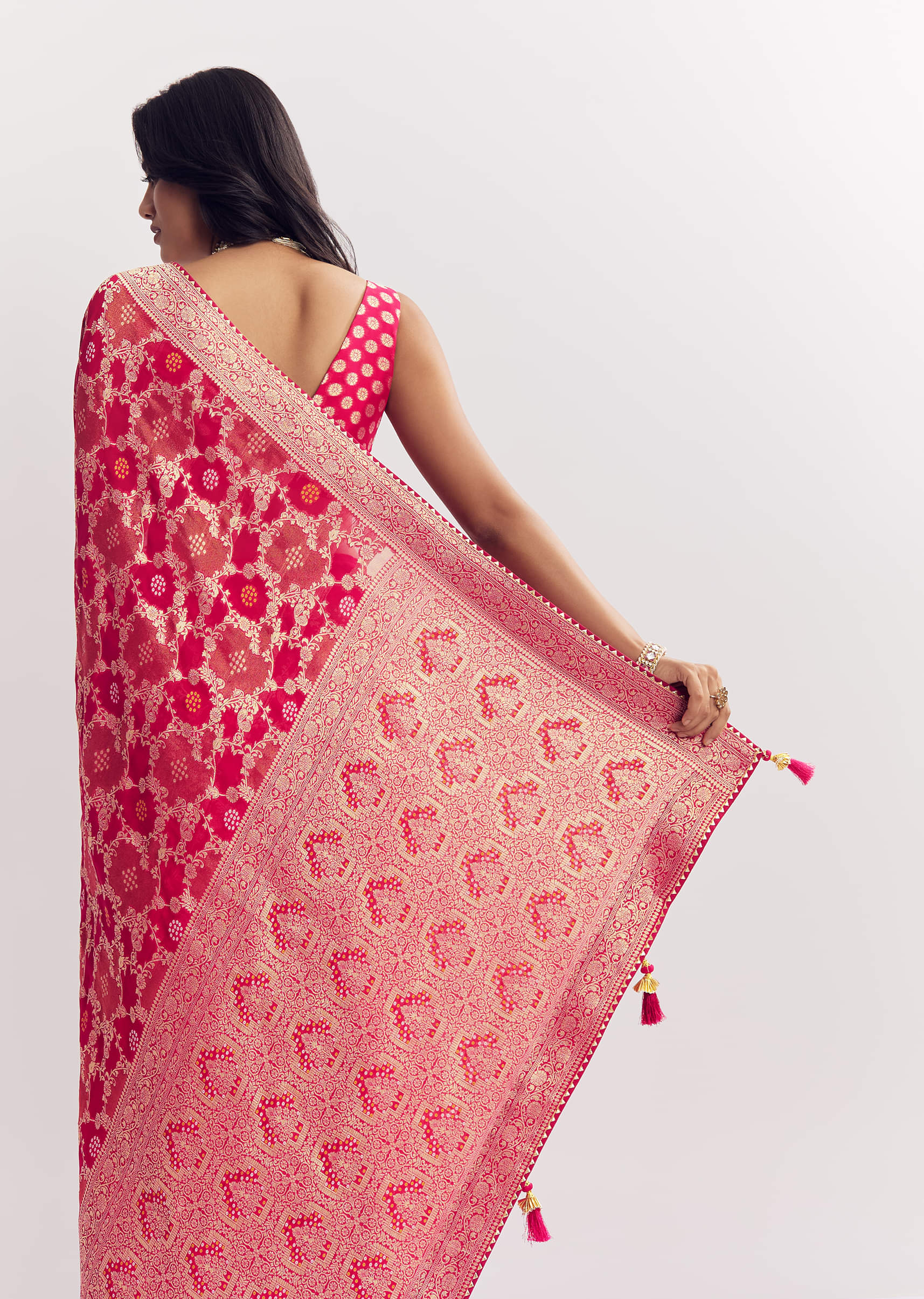 Rani Pink Georgette Saree With Zari Jaal Work - Image 6
