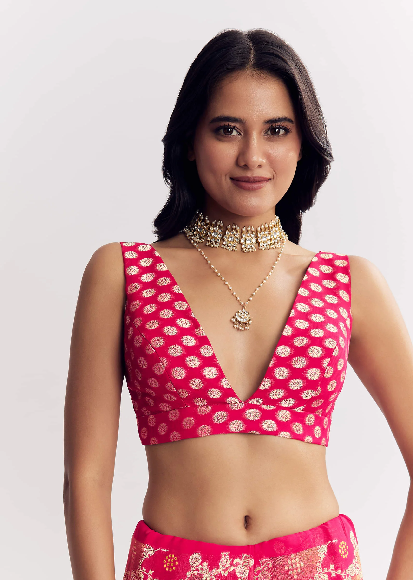 Rani Pink Georgette Saree With Zari Jaal Work - Image 7
