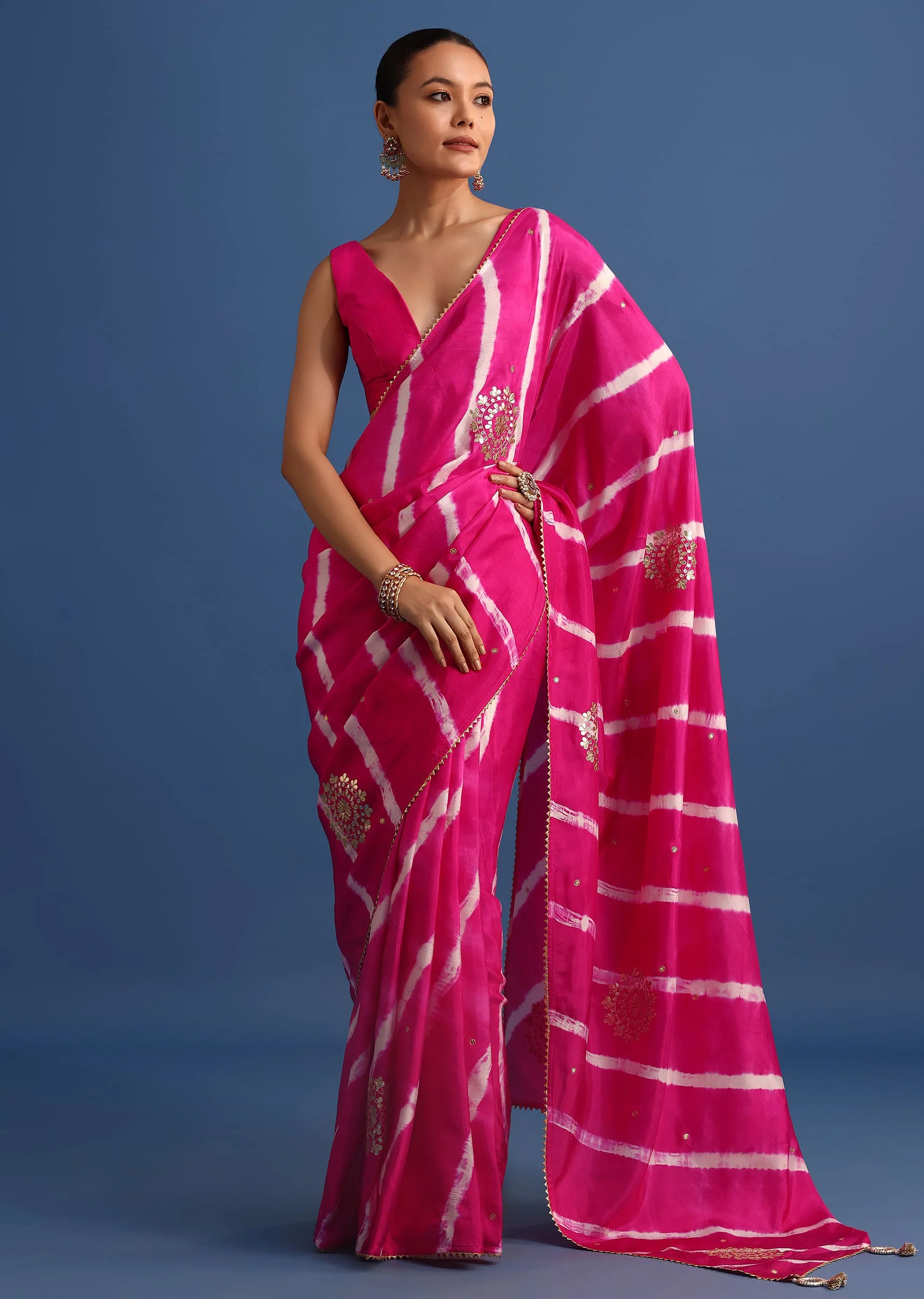 Rani Pink Hand Dyed Lehriya Silk Saree With Gota Patti Work - Image 5