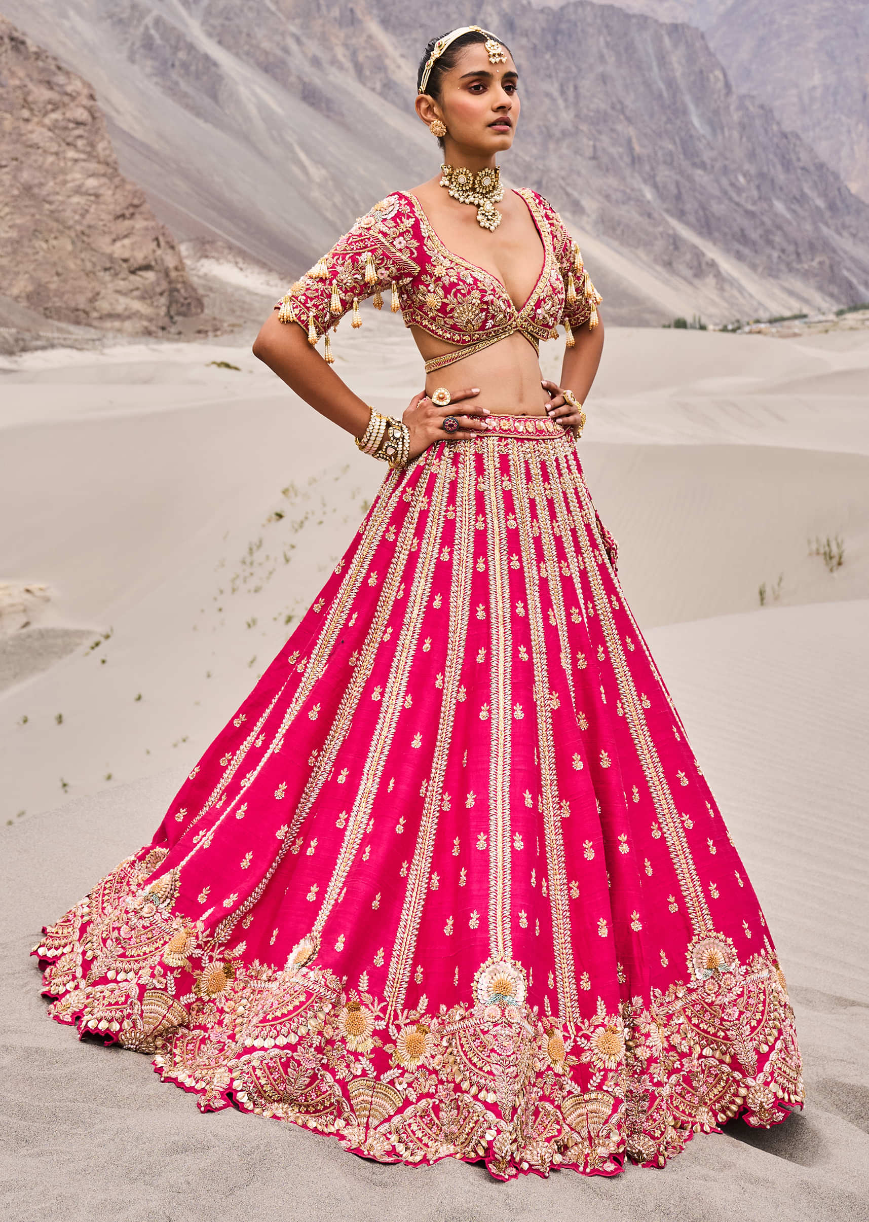 Rani Pink Heavy Embroidered Bridal Lehenga With Two Dupattas - Image 5