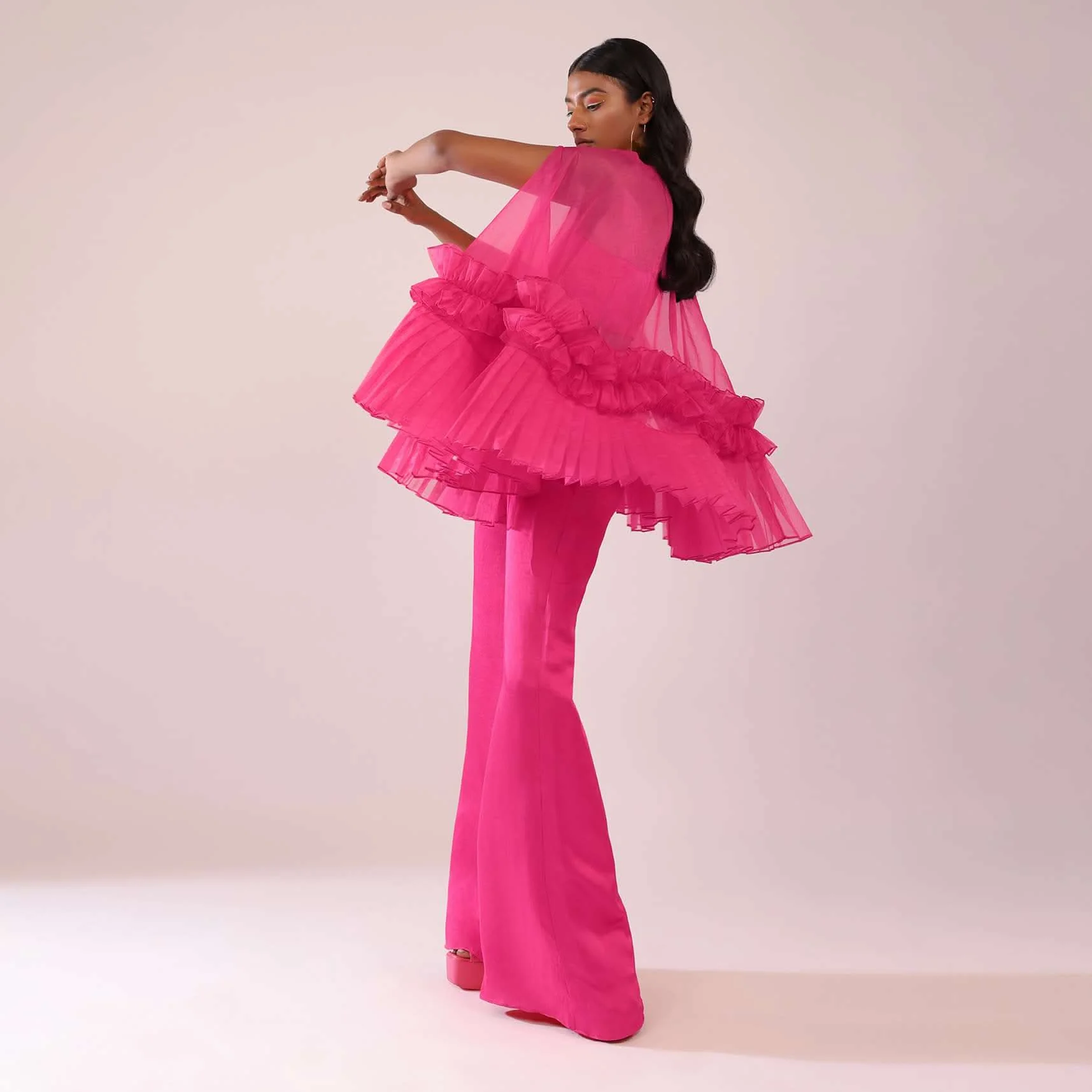 Rani Pink In Organza Frill Jacket & Pant Set With Bustier - Image 2