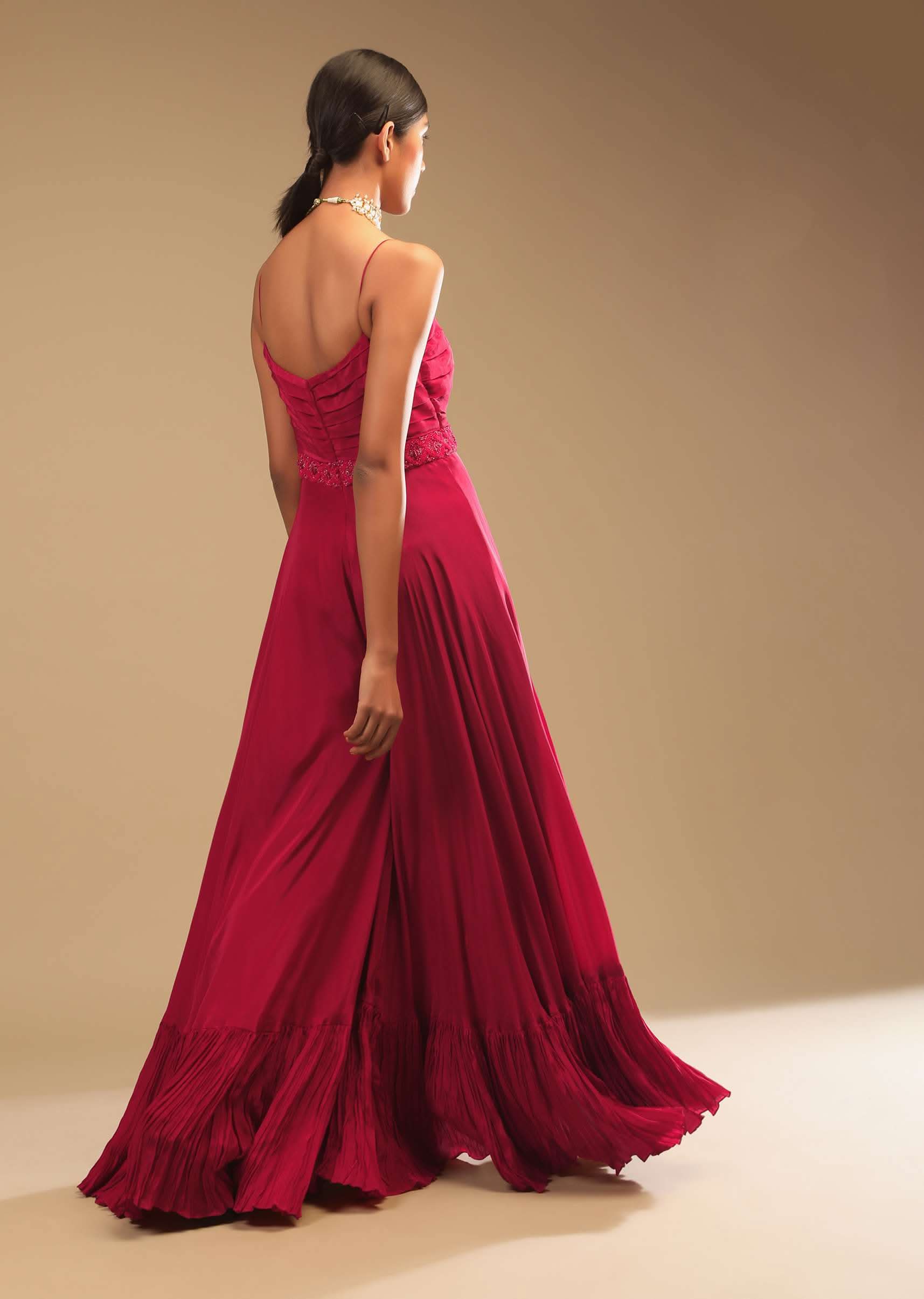 Rani Pink Jumpsuit In Crepe With Tiered Flare, Pleated Bodice And 3D Embroidered Belt And Pocket Detail - Image 5