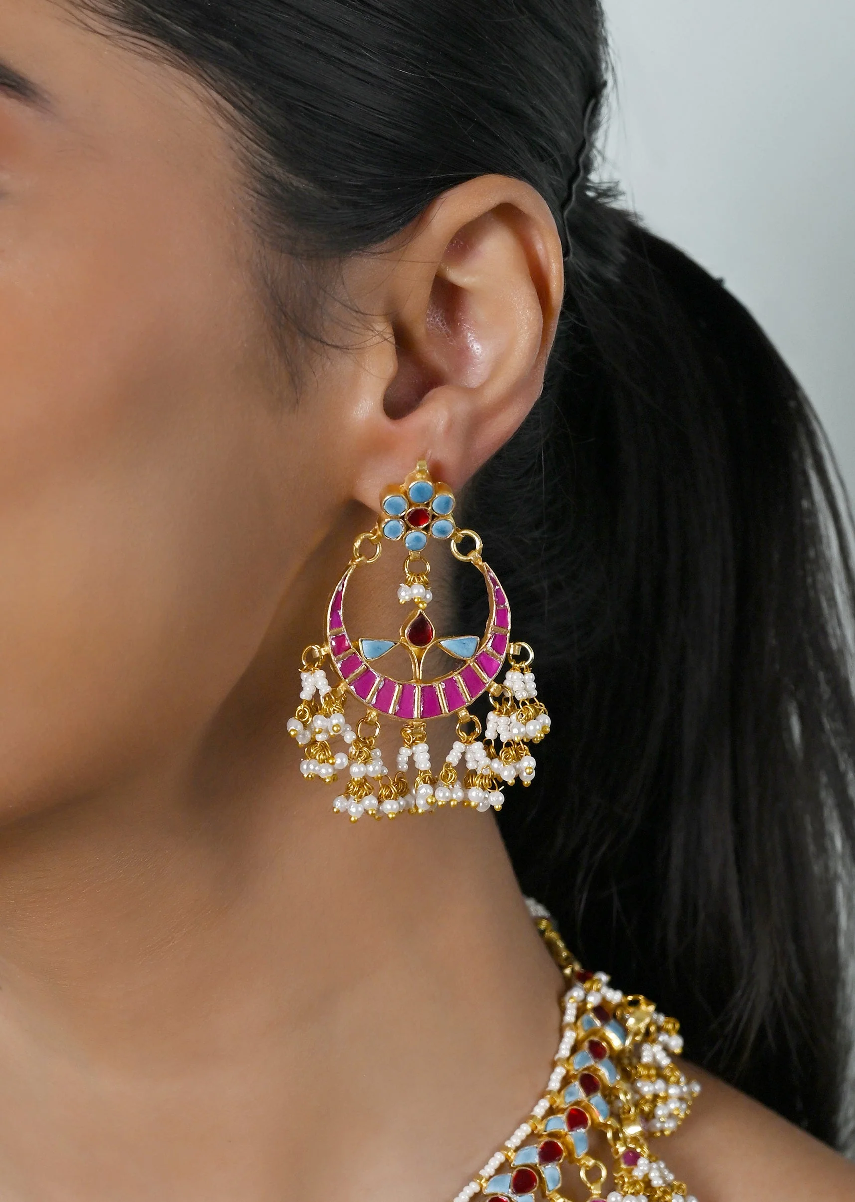 Rani Pink Kundan Necklace Set With Earrings - Image 2
